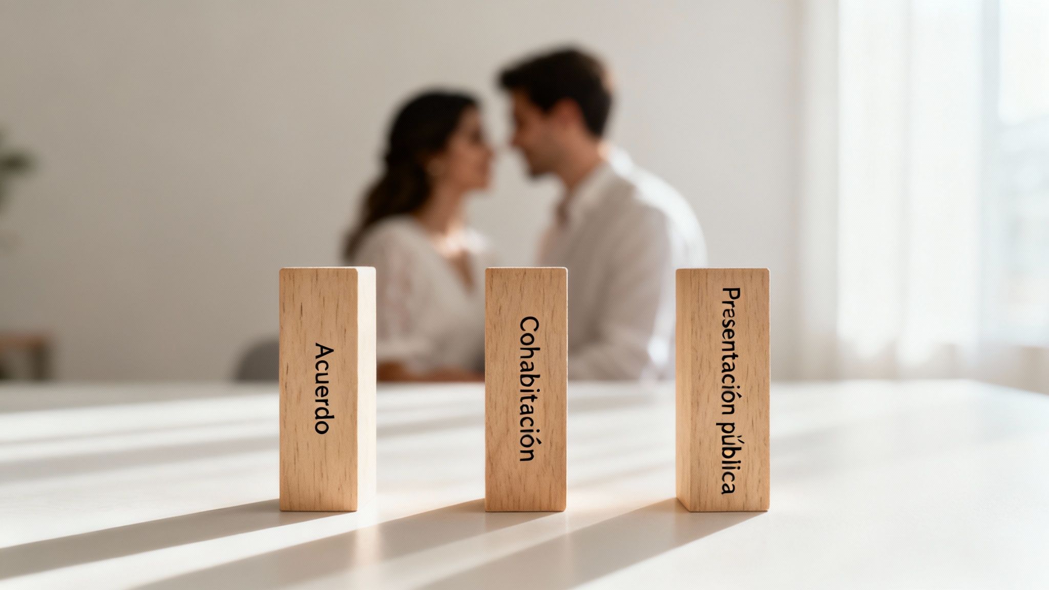 Tres pilares de piedra en un paisaje sereno, simbolizando la solidez y los tres requisitos indispensables para establecer un matrimonio informal en Texas.