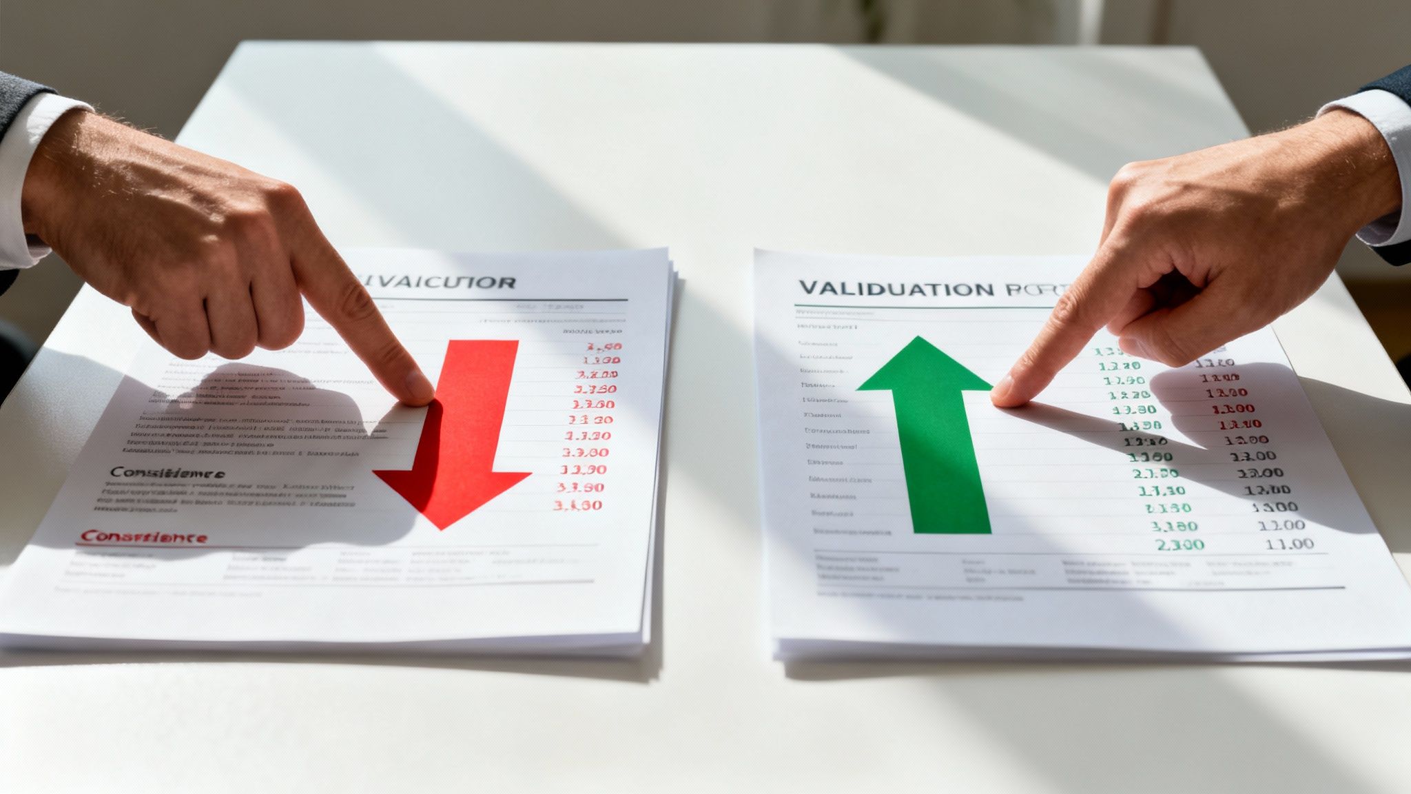 Two hands point at business valuation reports, one showing a red downward trend and the other a green upward trend.
