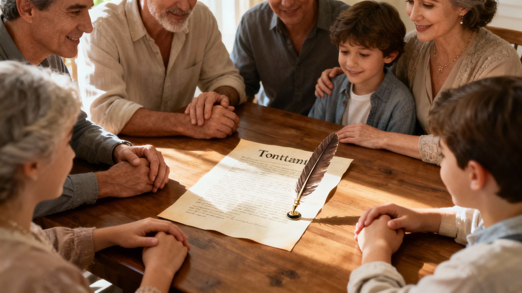 Una familia sonriente revisando documentos importantes juntos en un ambiente cálido y hogareño.