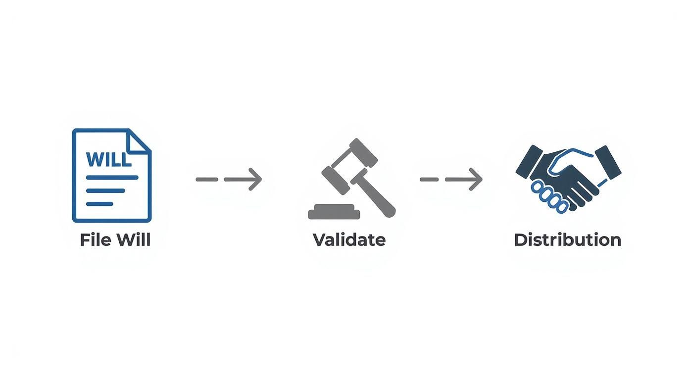 Infographic illustrating the probate process steps: filing a will, court validation with a gavel, and distribution of assets to beneficiaries.