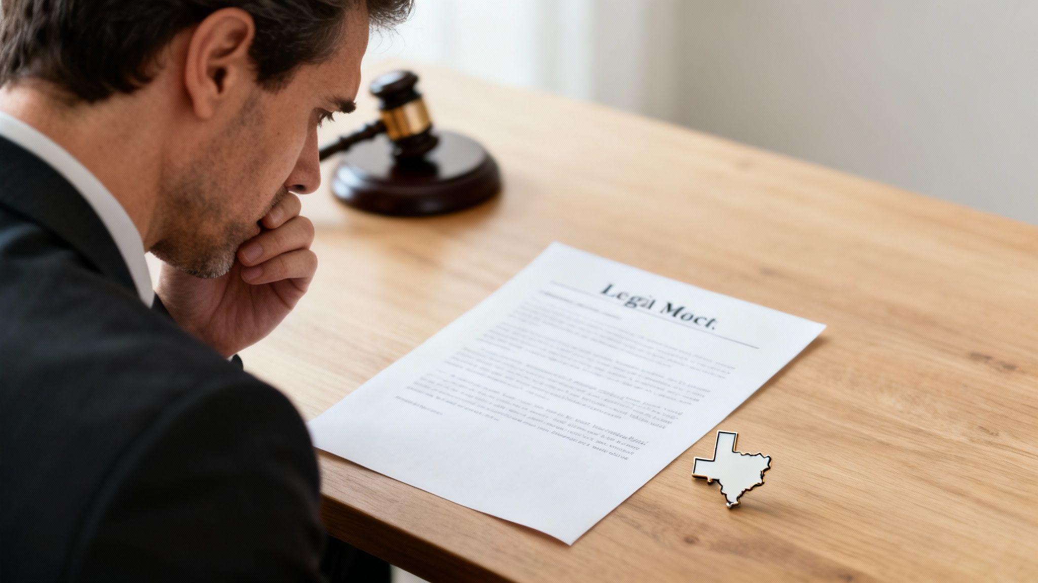 Man in a suit contemplating legal document on a desk with a gavel and Texas-shaped pin, illustrating the seriousness of Class A misdemeanors in Texas law.