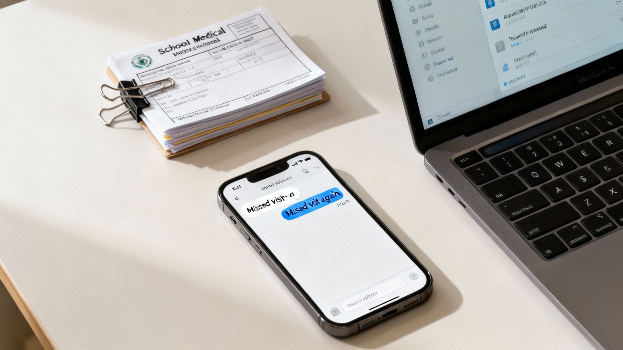 Desk scene with medical documents, a smartphone displaying a missed visit message, and an open laptop.