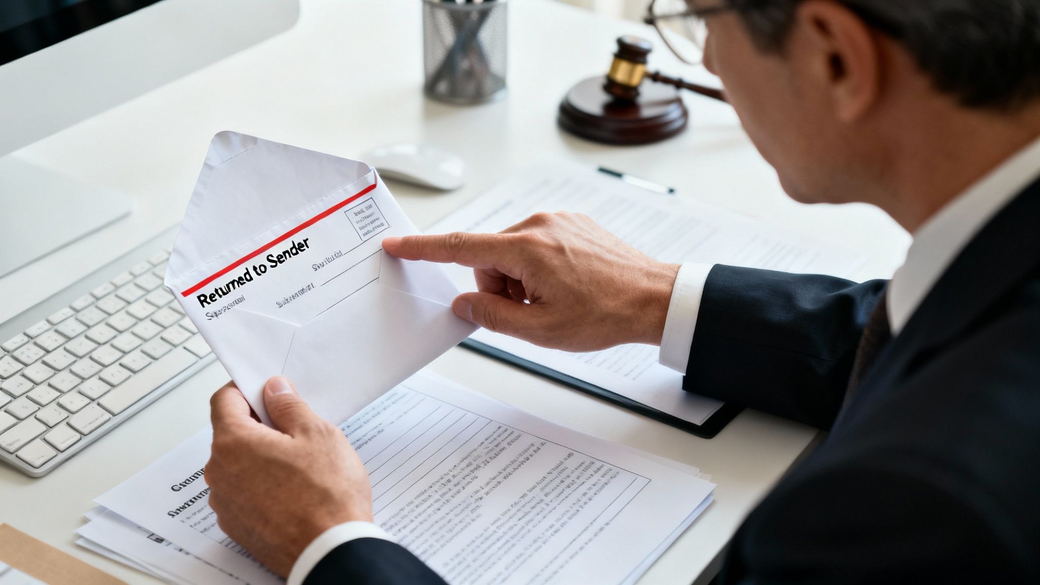 A professional in a suit holds and points at an envelope marked 'Returned to Sender' in an office.