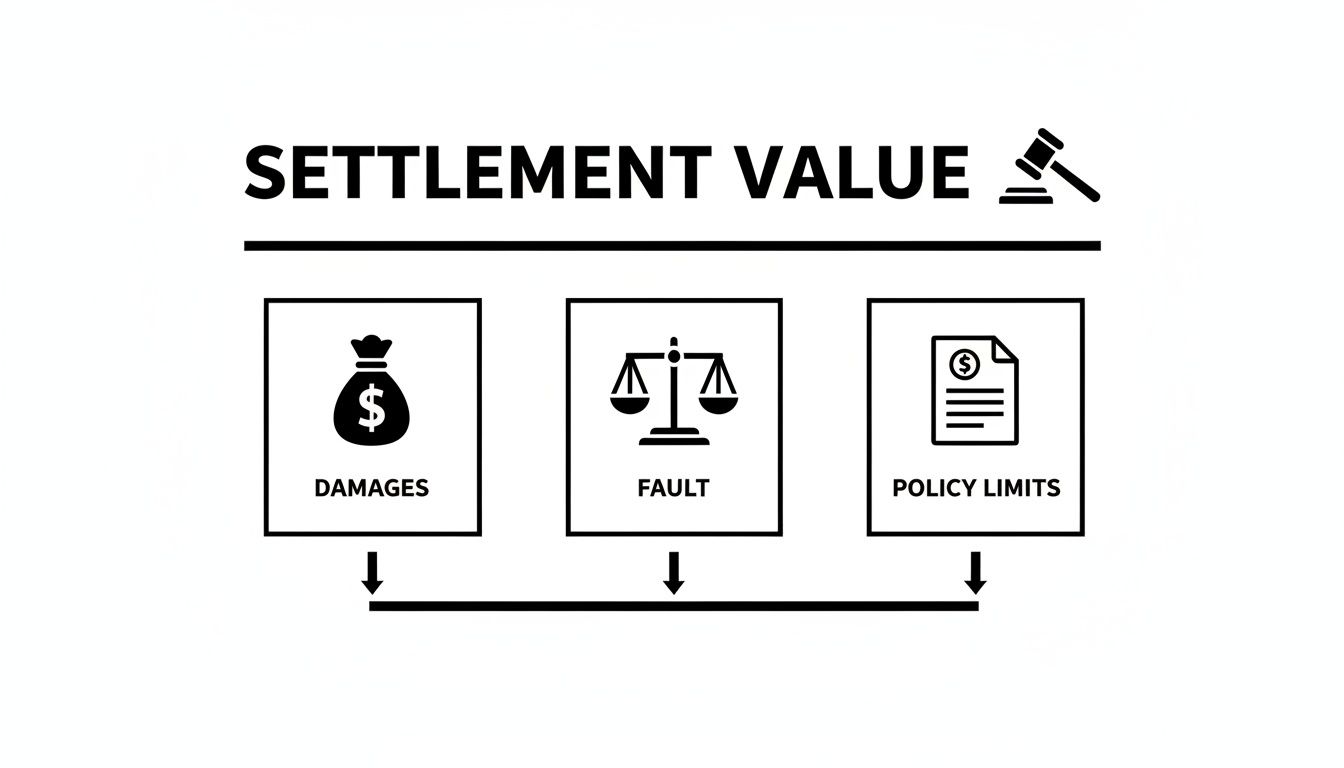 An infographic illustrating key factors determining settlement value: damages, fault, and policy limits.