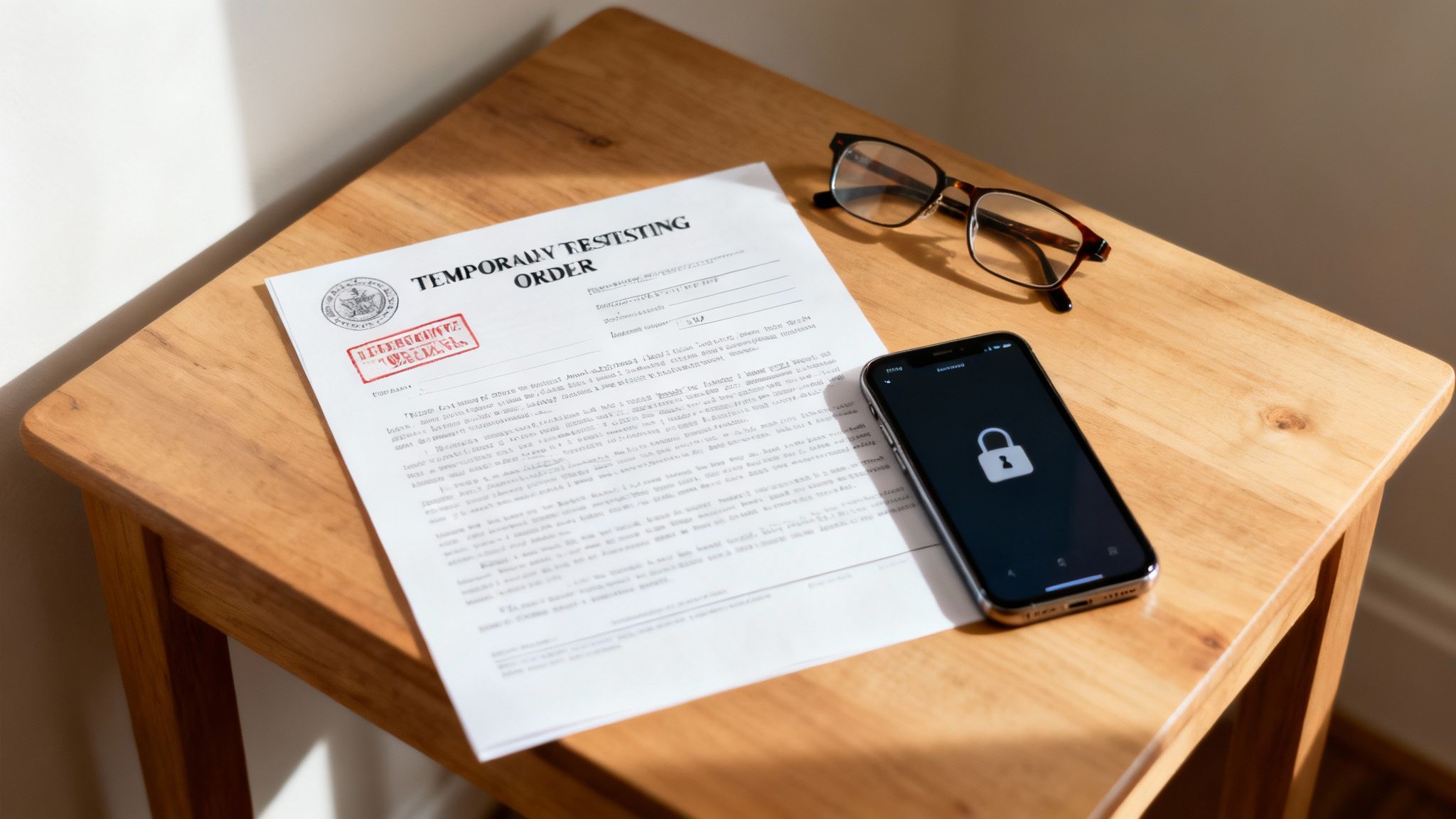Temporary restraining order document and smartphone with lock icon on wooden table, symbolizing asset protection during divorce in Texas.
