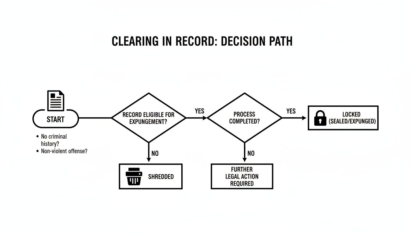 Flowchart illustrating the decision path for clearing a criminal record in Texas, detailing eligibility for expunction and outcomes such as shredding or sealing the record.