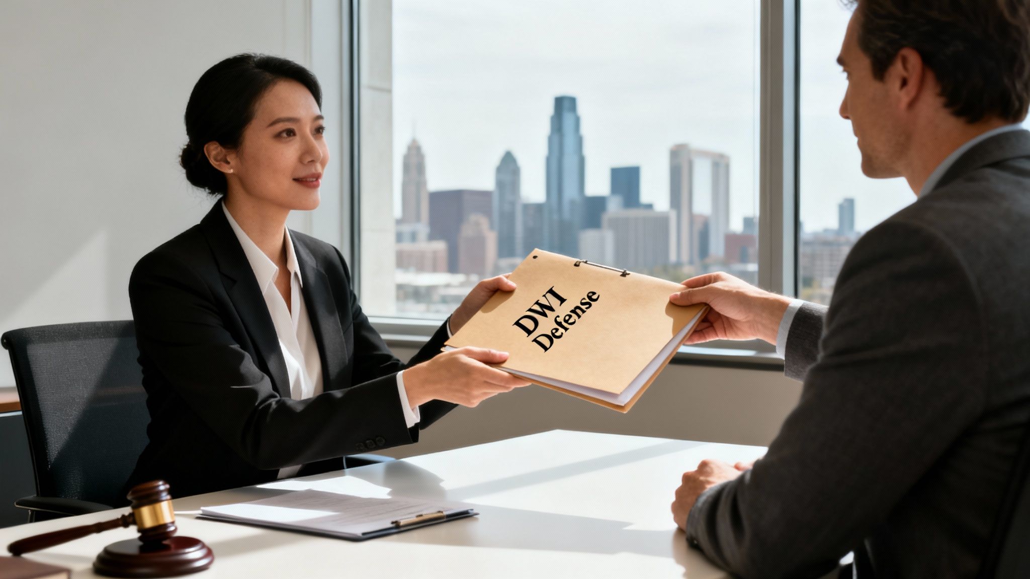 Professional woman handing a folder labeled "DWI Defense" to a man in a business setting with a city skyline in the background, symbolizing legal support for DWI cases in Texas.