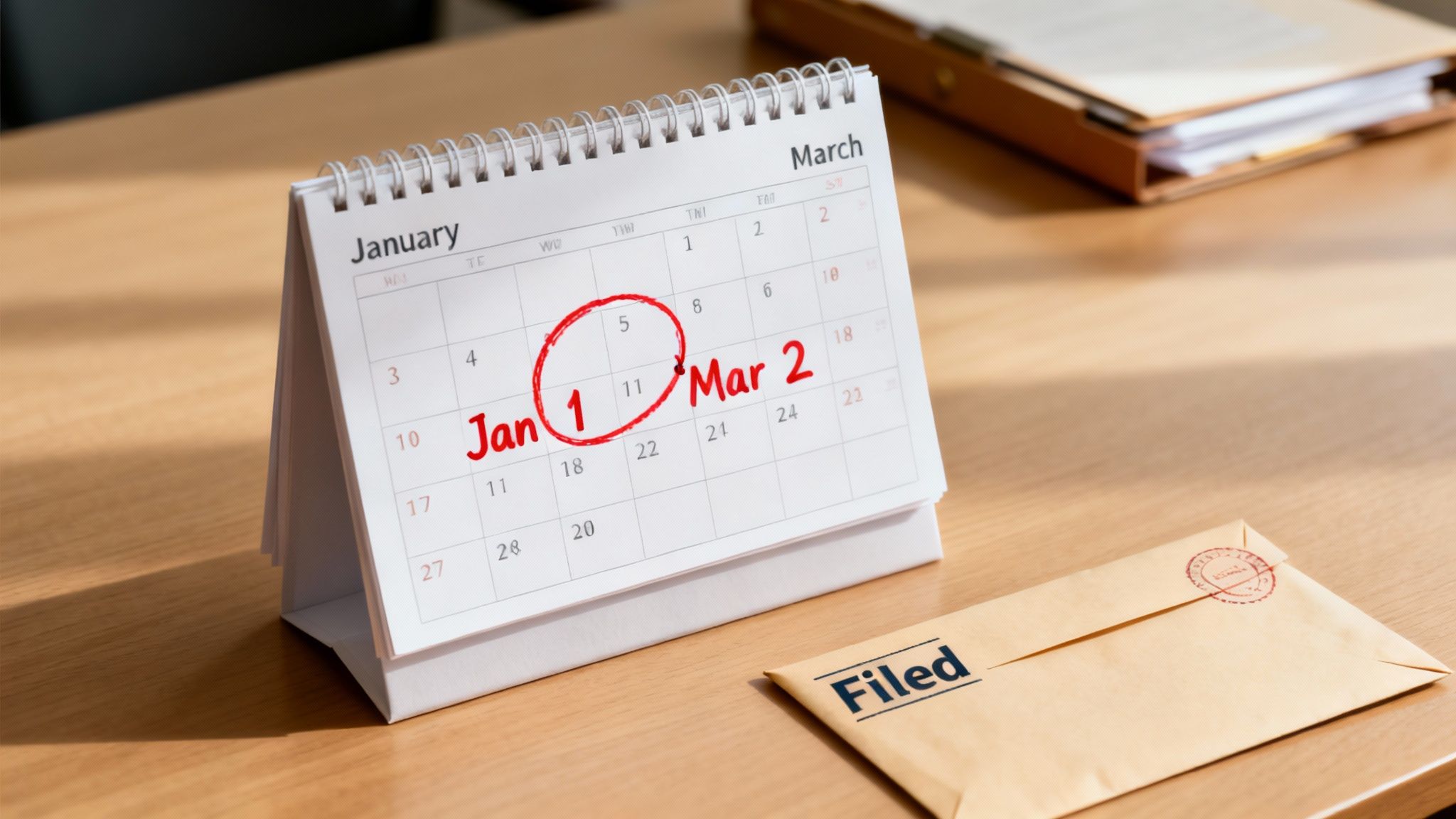 A desk calendar highlights 'Jan 1' circled and 'Mar 2' marked, beside a 'Filed' envelope.