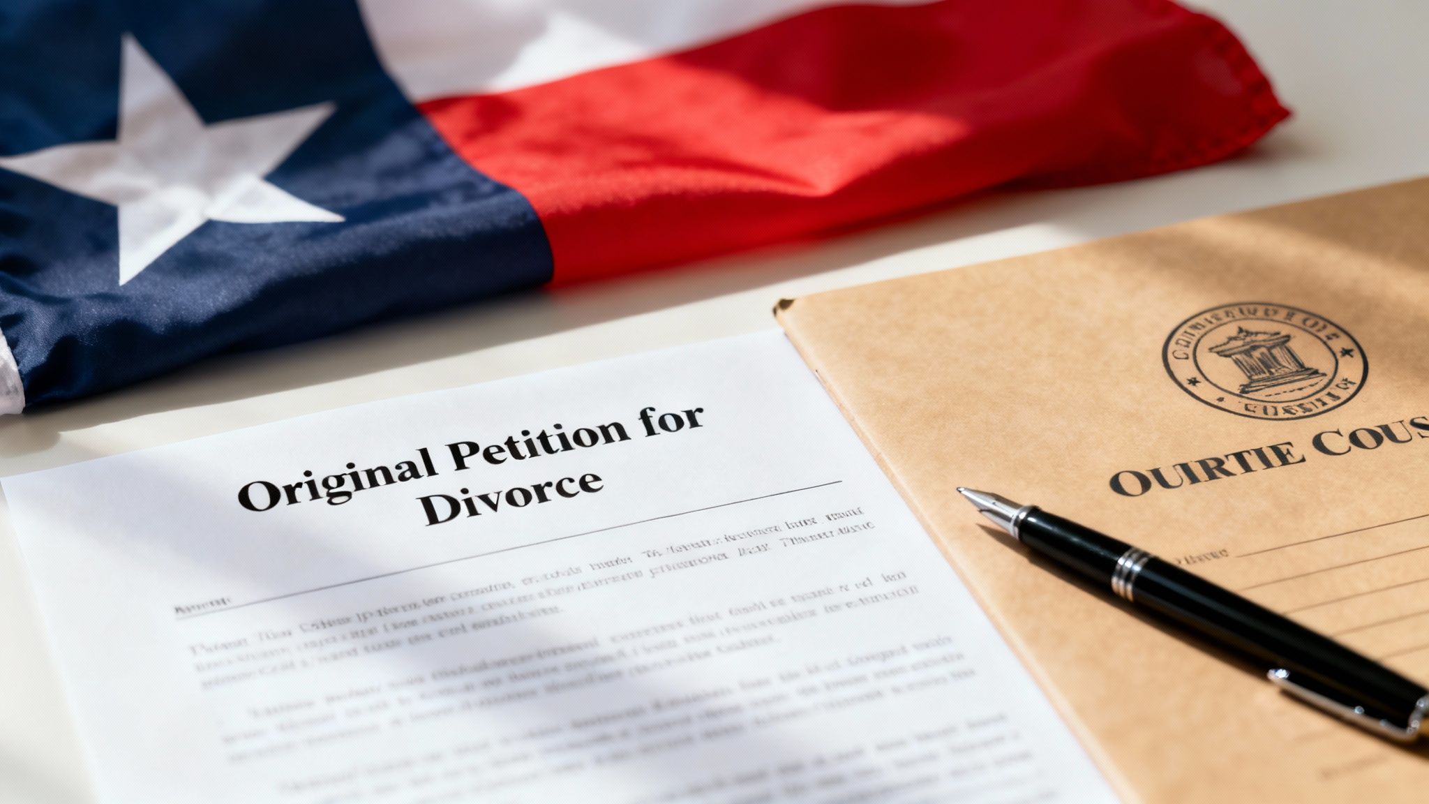 Original petition for divorce document with Texas flag and court folder on desk with pen