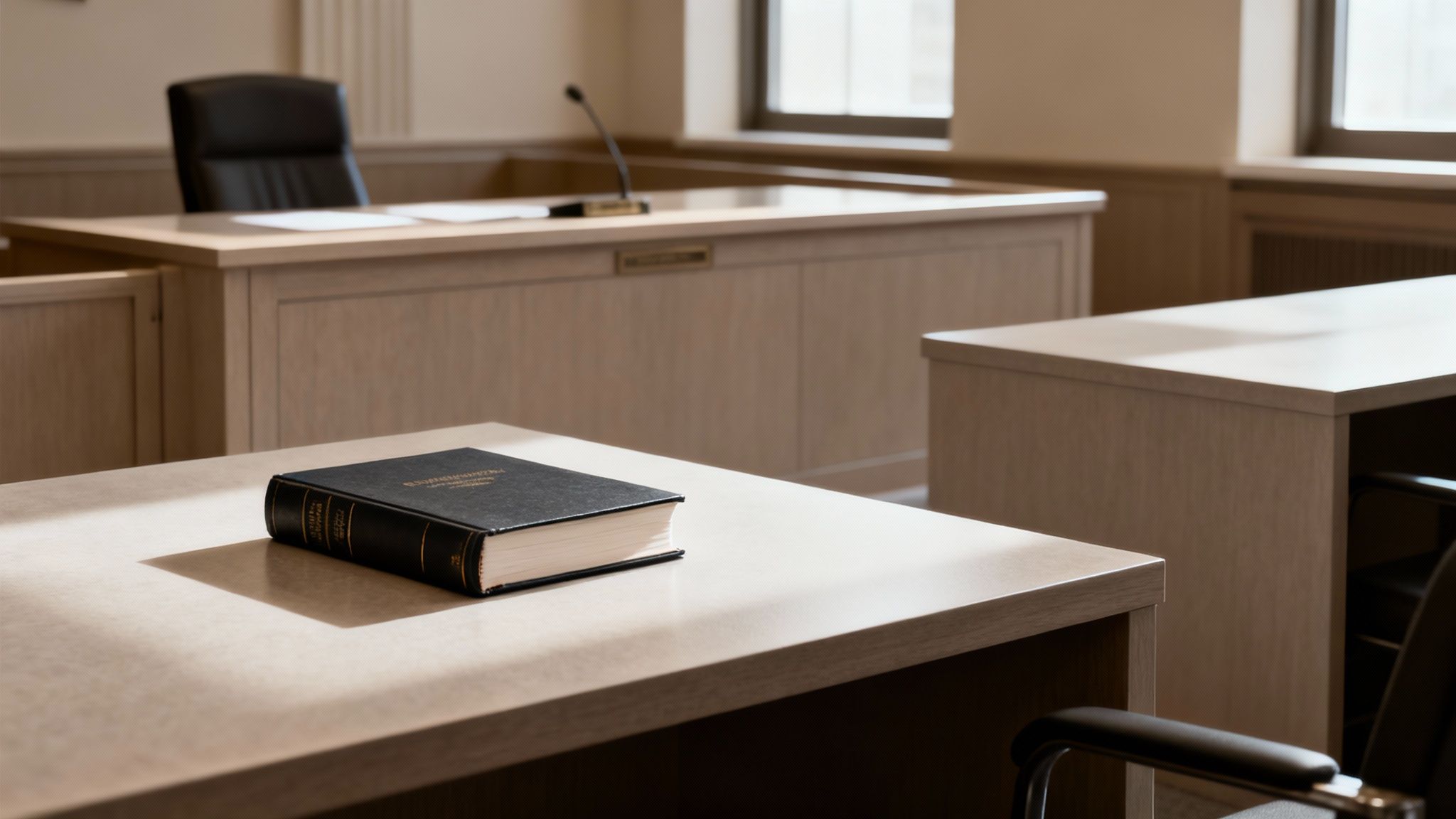 A law book rests on a table in a quiet courtroom, with a judge's bench visible in the background.