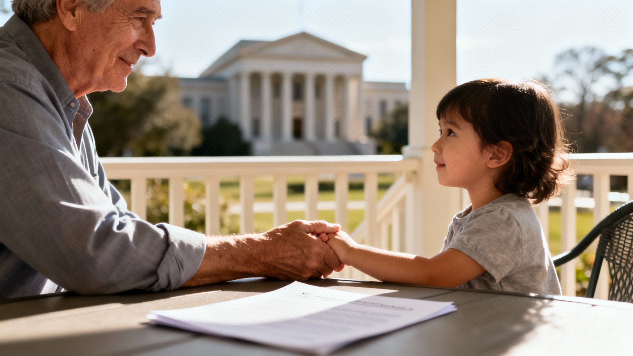 An older man holds a young child's hand on a porch with legal documents and a courthouse nearby.