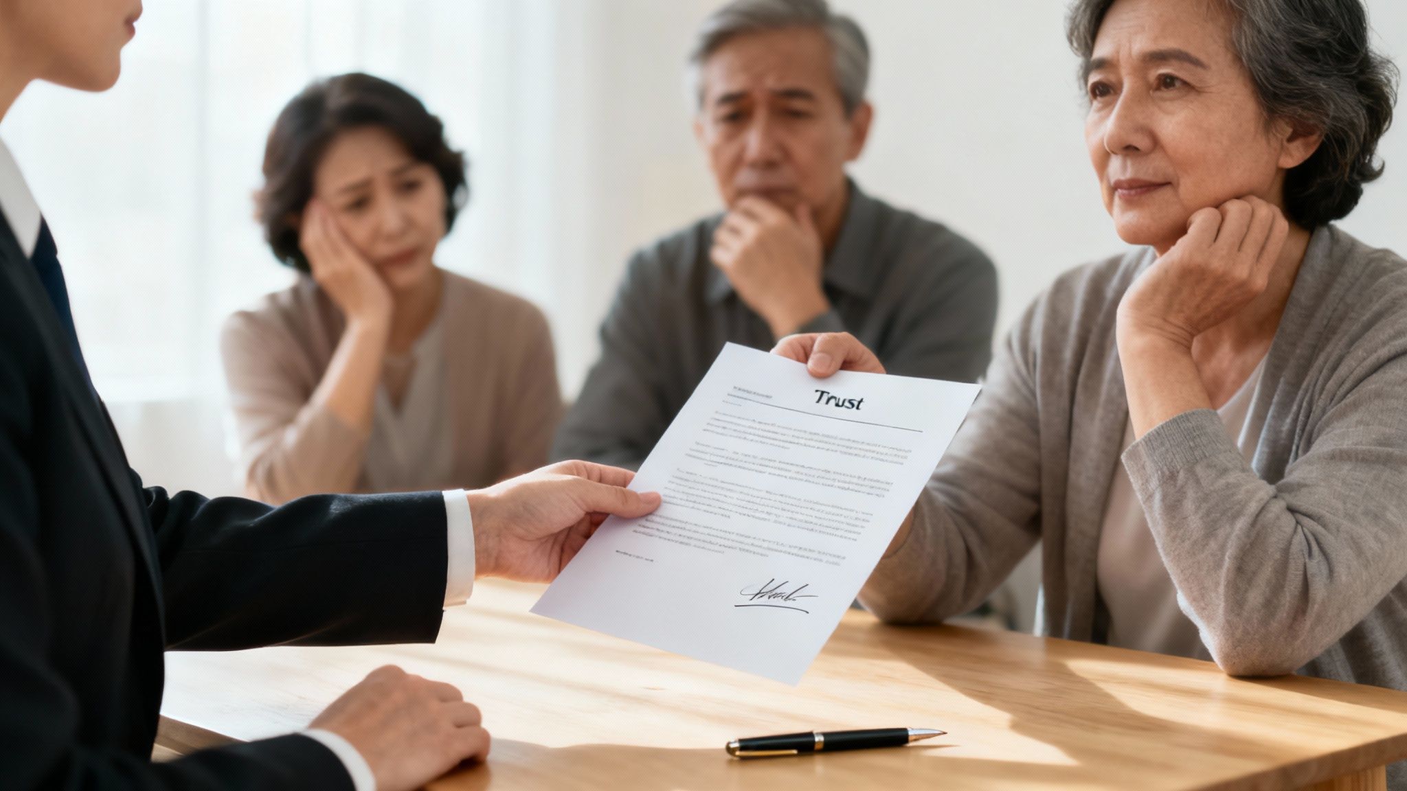 Person handing a trust document to concerned family members during an estate planning discussion, reflecting emotional tension and legal complexities in contesting a trust.