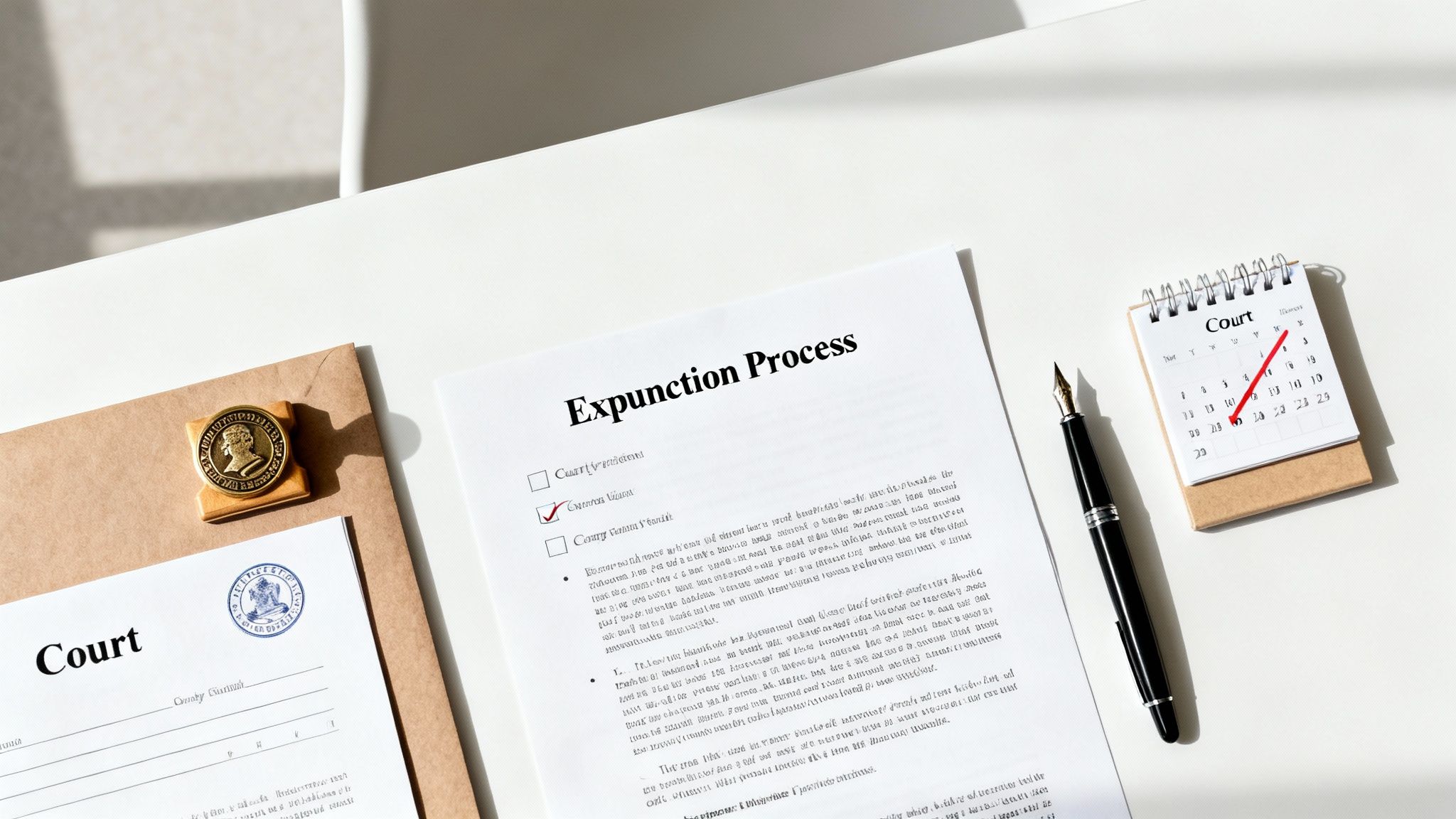 Expunction process documents on a table, featuring a checklist, a calendar marked "Court," and a fountain pen, symbolizing the legal steps for clearing criminal records in Texas.