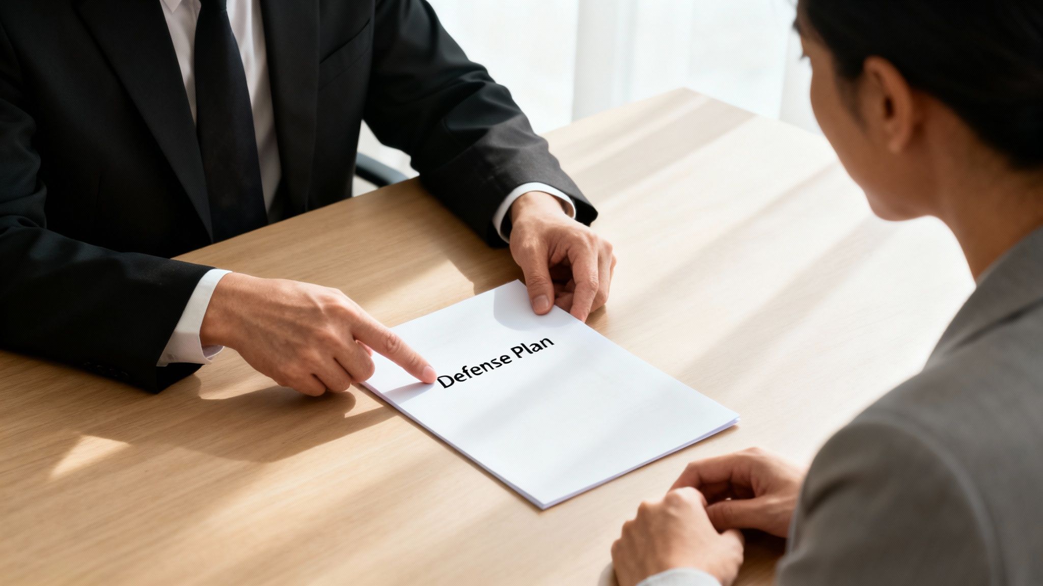 A lawyer in a black suit points to a 'Defense Plan' document for a client during a meeting.