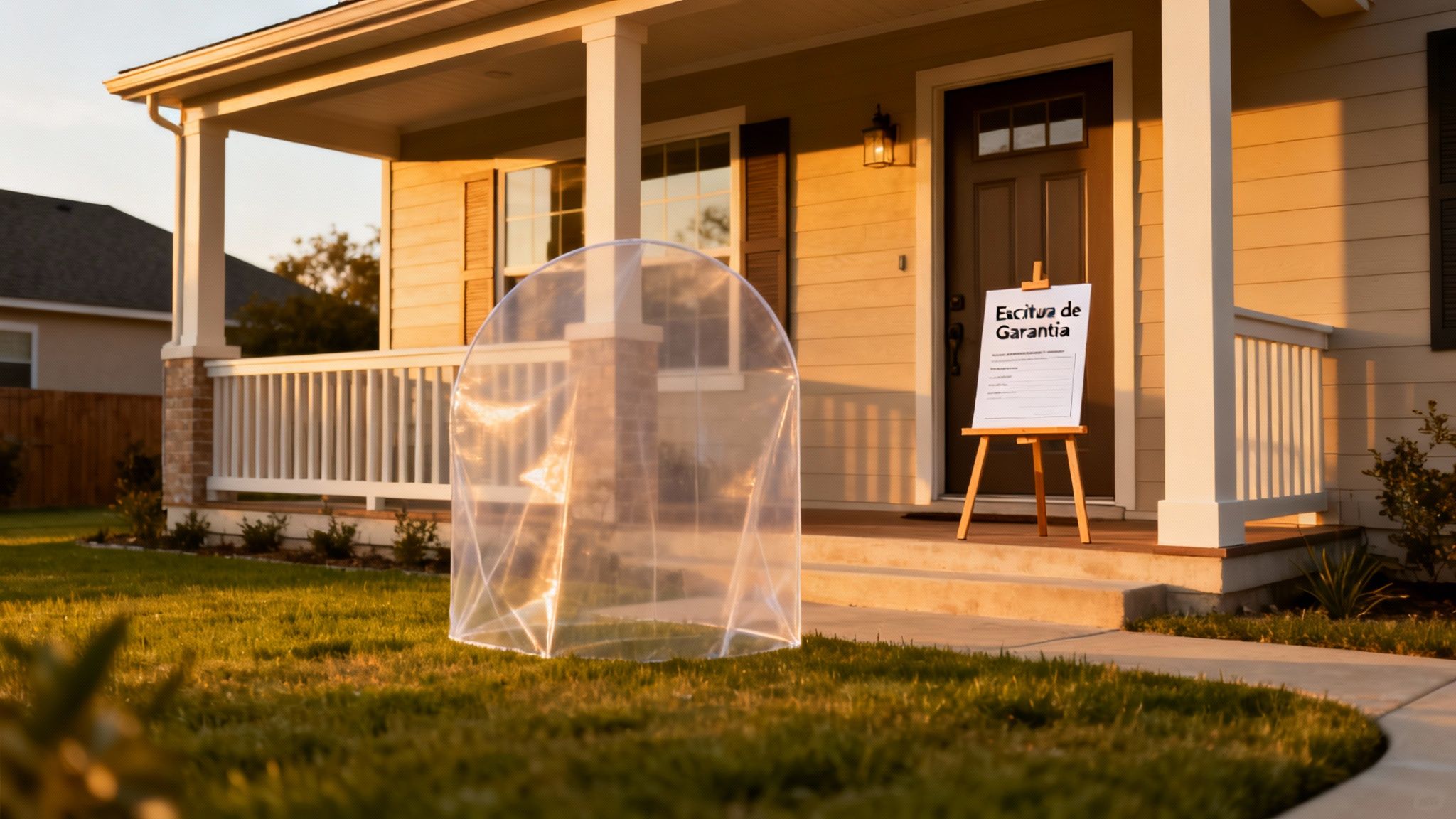 Letrero de 'Escritura de Garantía' en un caballete en el porche de una casa al atardecer.