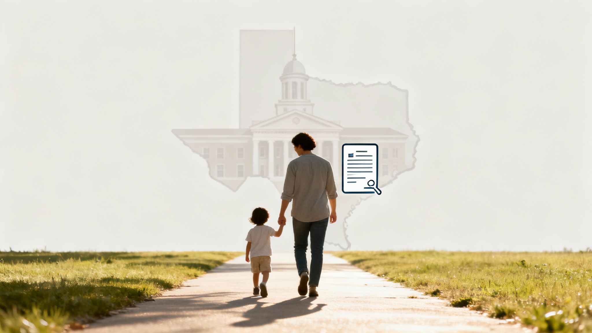A father and son walk on a path with a Texas map and courthouse in the background, symbolizing legal family matters.