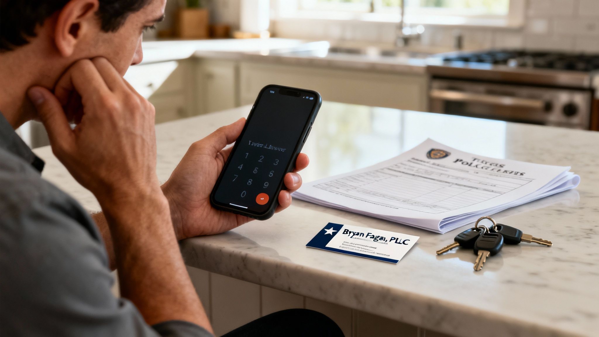 A man dials a lawyer's number on his phone, with police reports and a legal business card on a counter.