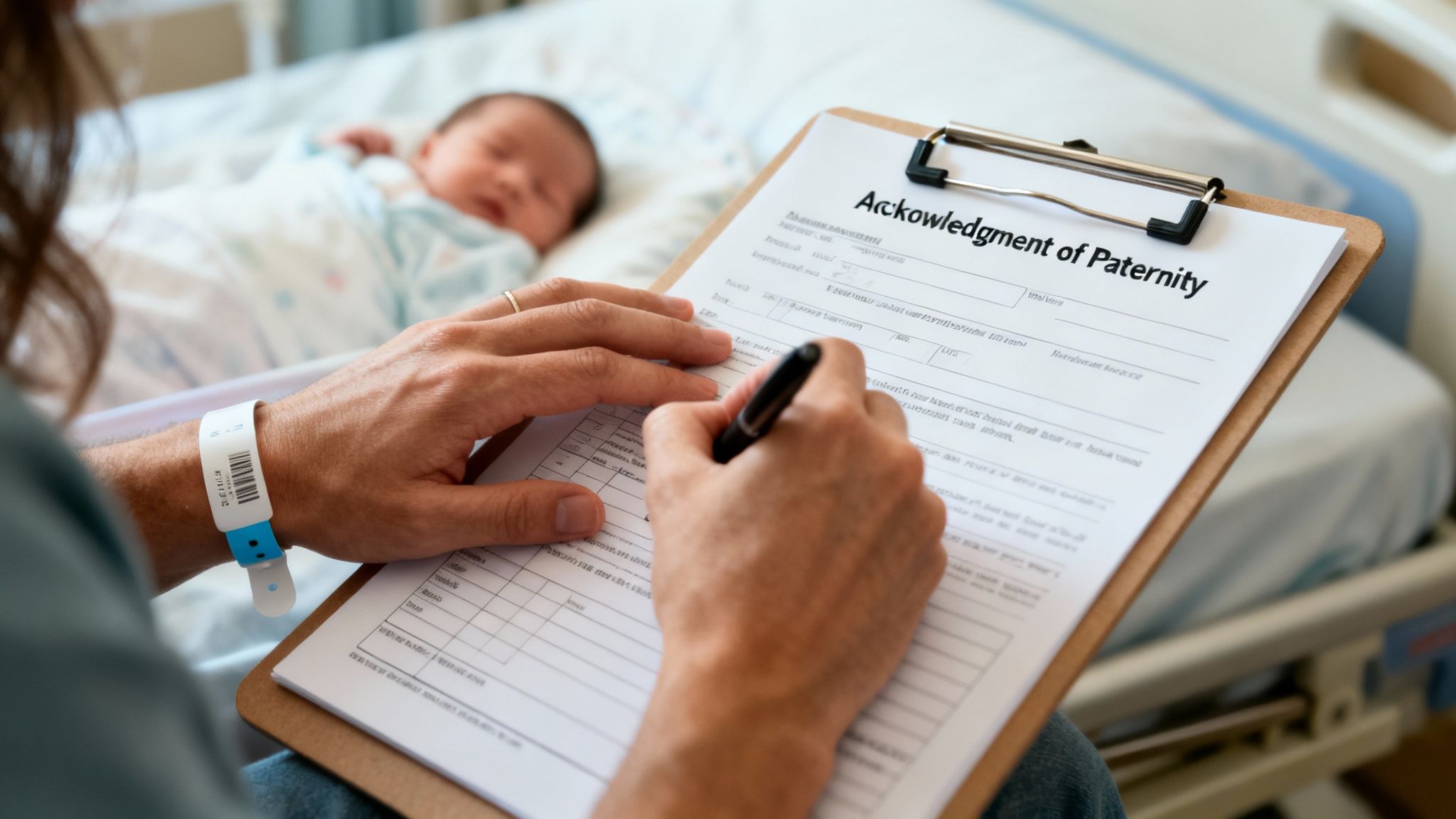 Close-up of hands filling out an 'Acknowledgment of Paternity' form with a newborn baby sleeping in a hospital bed.