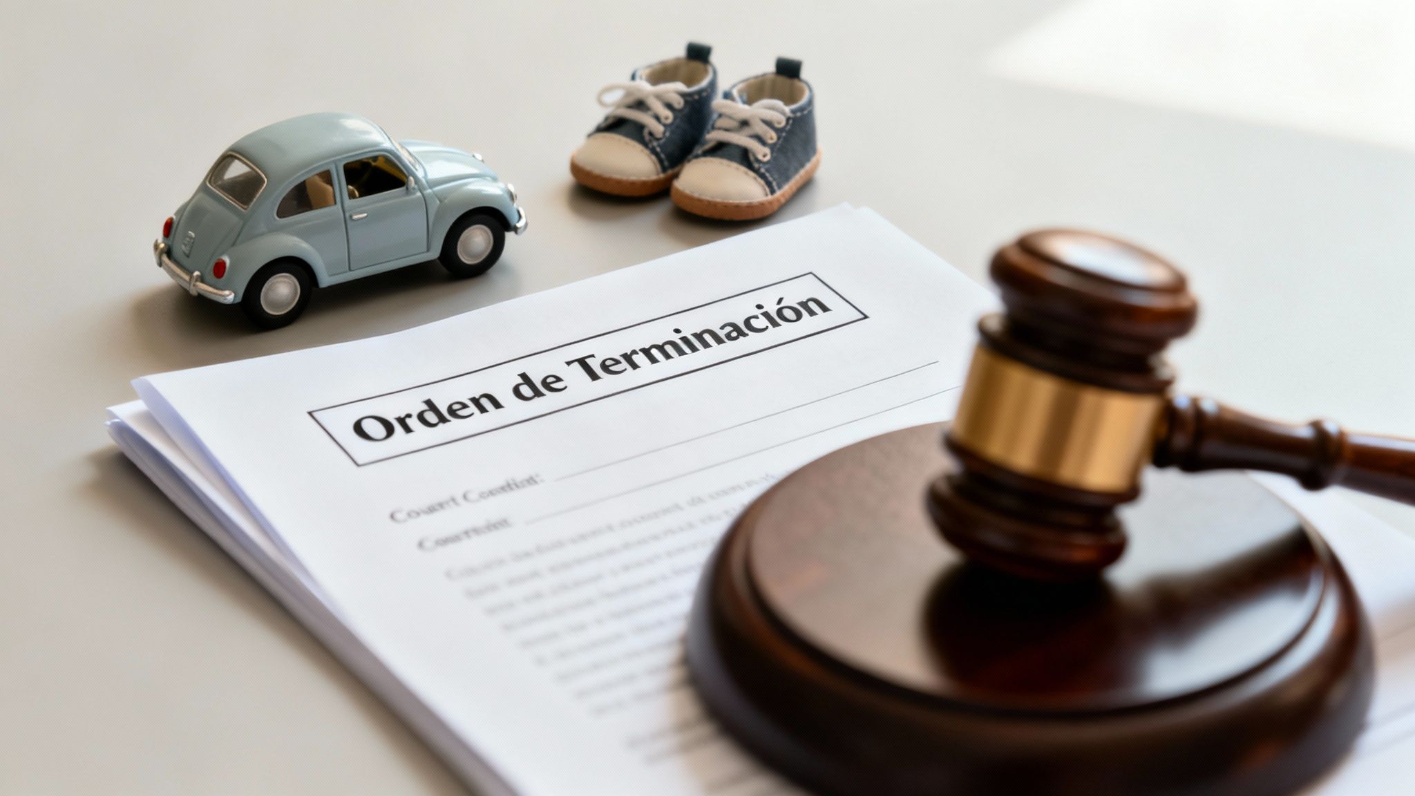 Documento de 'Orden de Terminación' con mazo de juez, coche de juguete y zapatos de bebé, simbolizando decisiones legales.