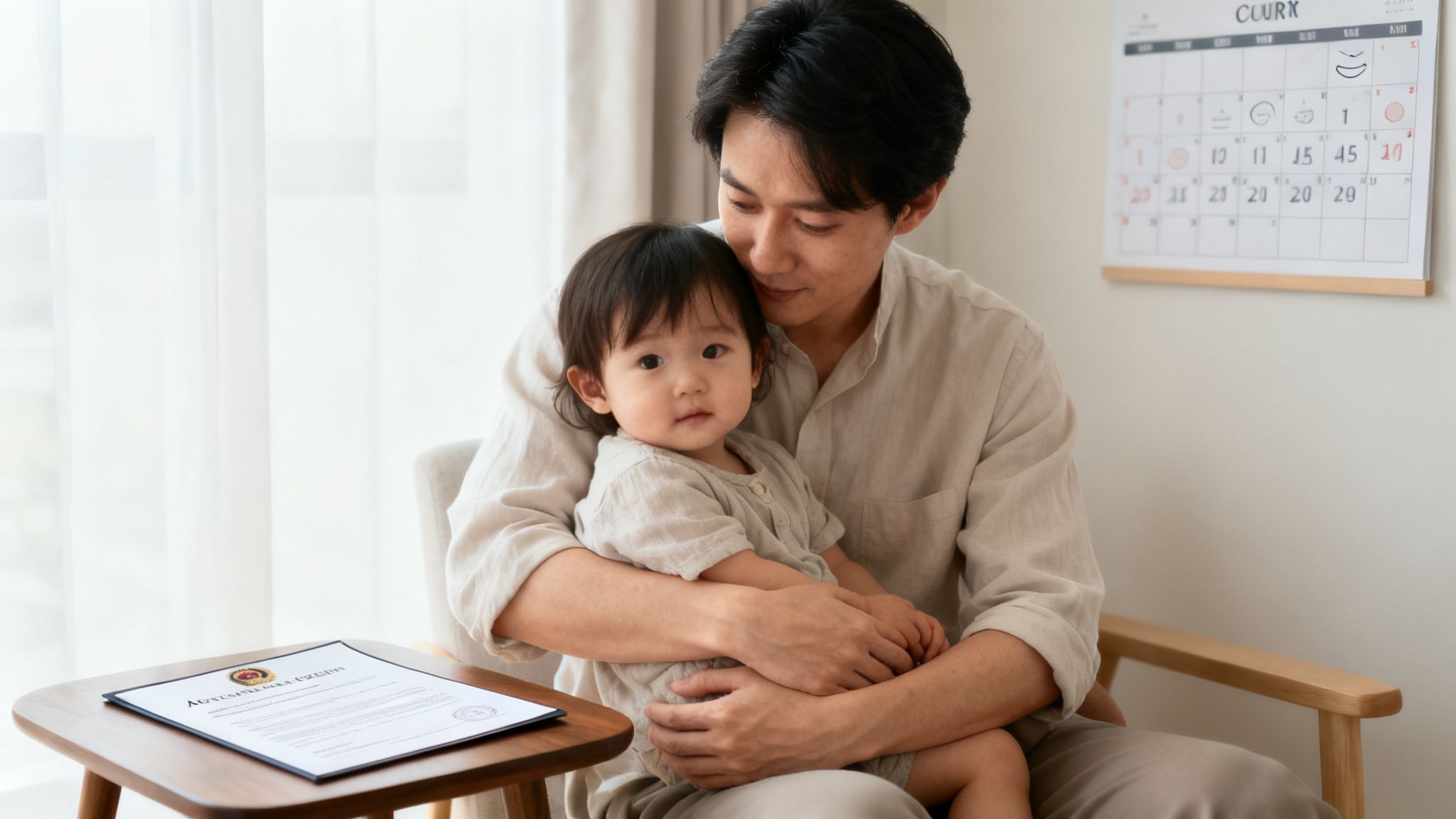 Asian father gently holds his child, who looks at the camera indoors.