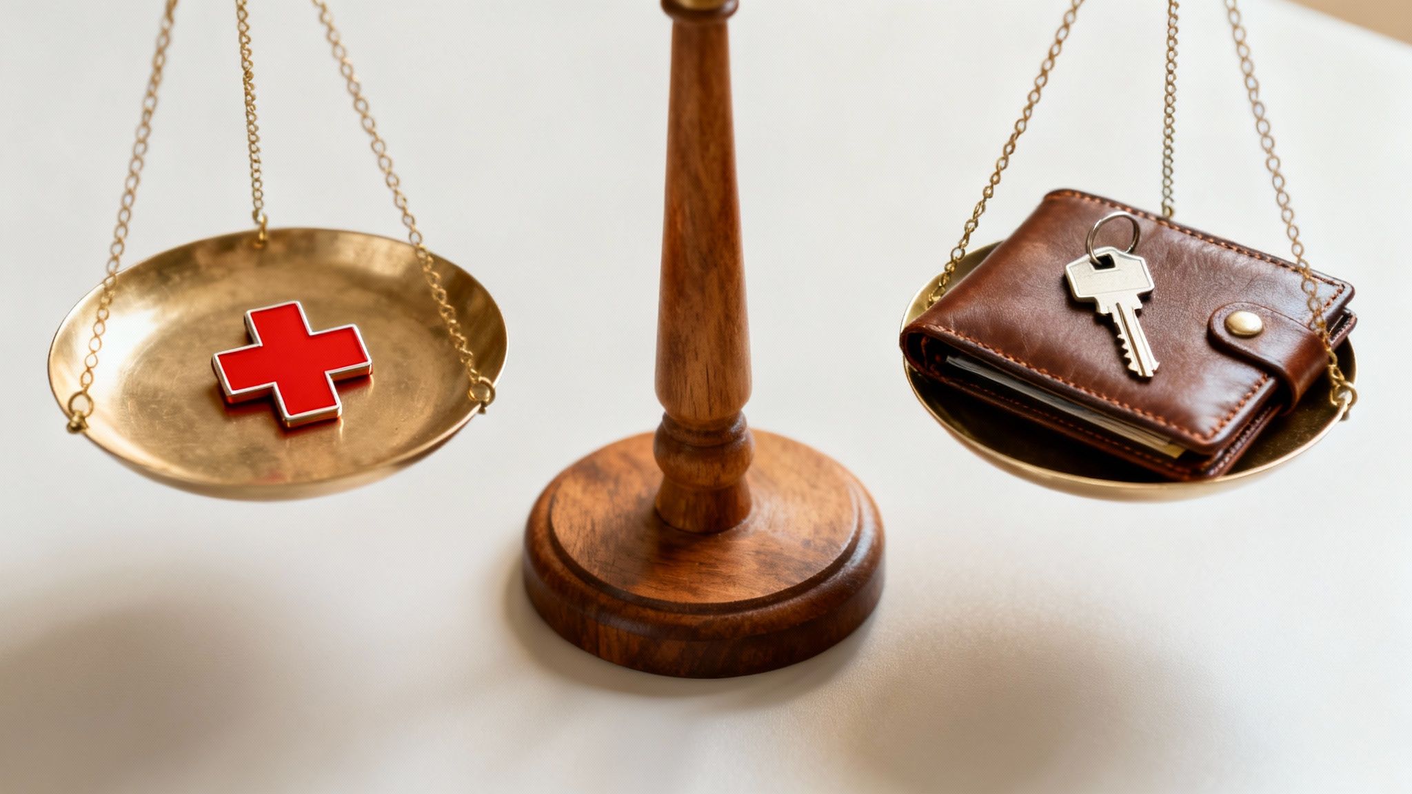 A balanced scale with a red medical cross on one pan and a wallet with a key on the other, representing health and wealth.