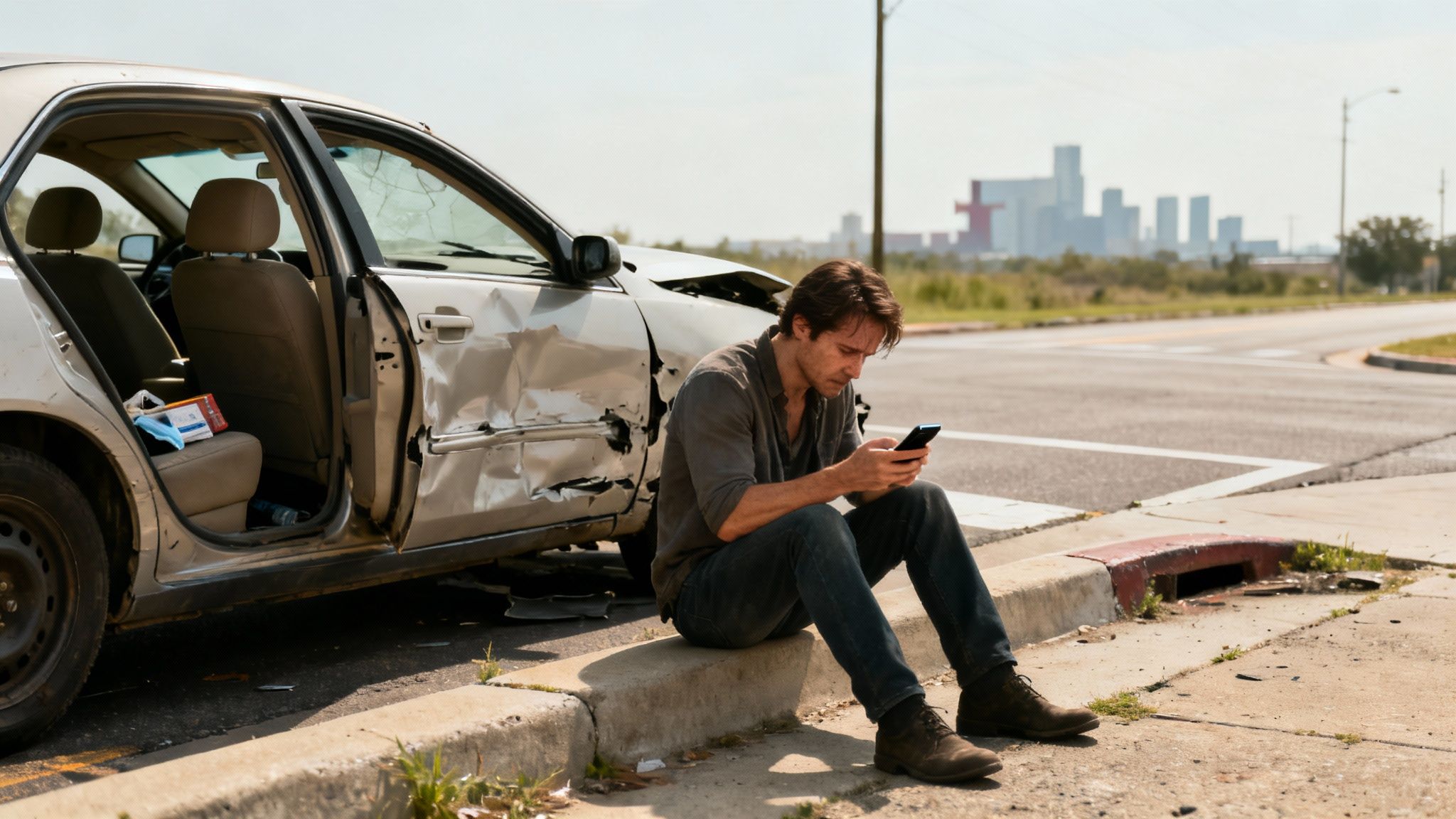 A man sits on a curb next to his wrecked car, looking distressed while checking his phone.