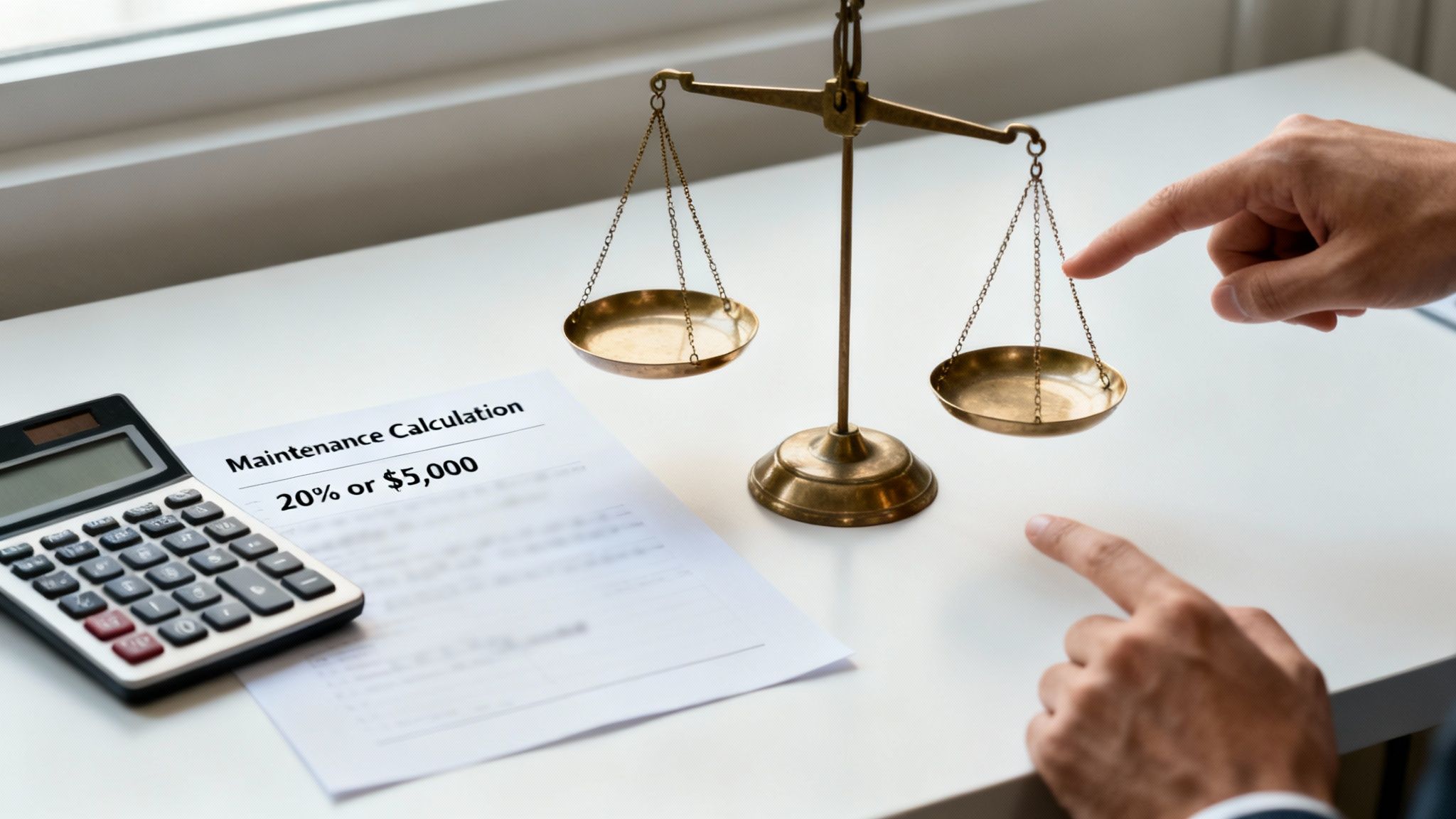 Hands calculate maintenance on a document with a calculator and a balance scale, symbolizing financial justice.