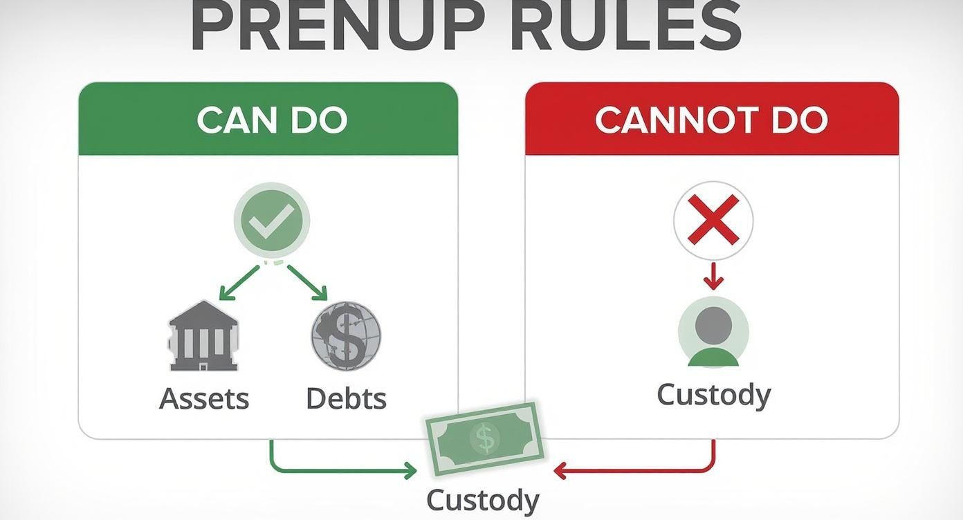 Prenup rules infographic illustrating what can be included (assets and debts) and what cannot (custody), highlighting legal distinctions relevant to prenuptial agreements in Texas.