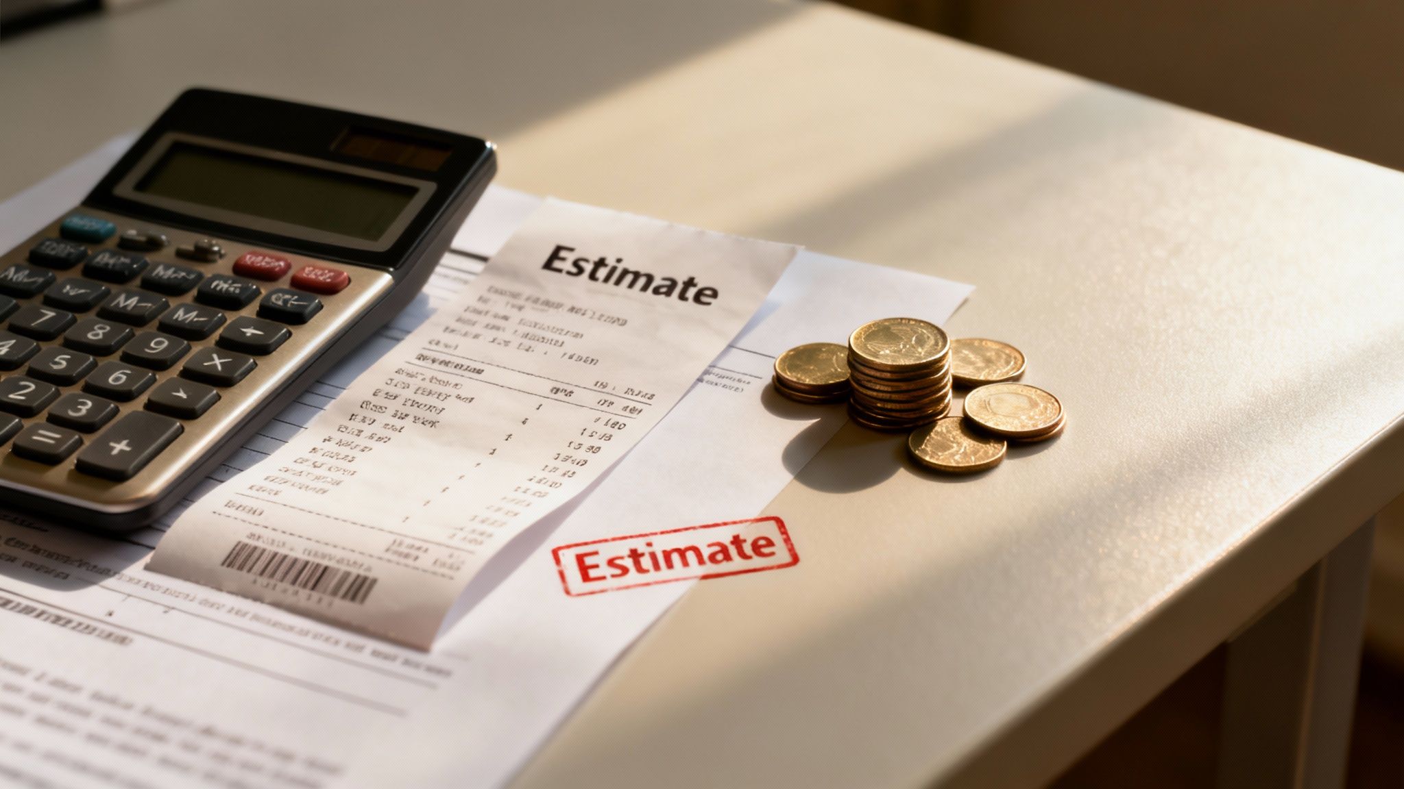 A calculator, estimate document, and stacks of gold coins on a table, symbolizing financial planning.