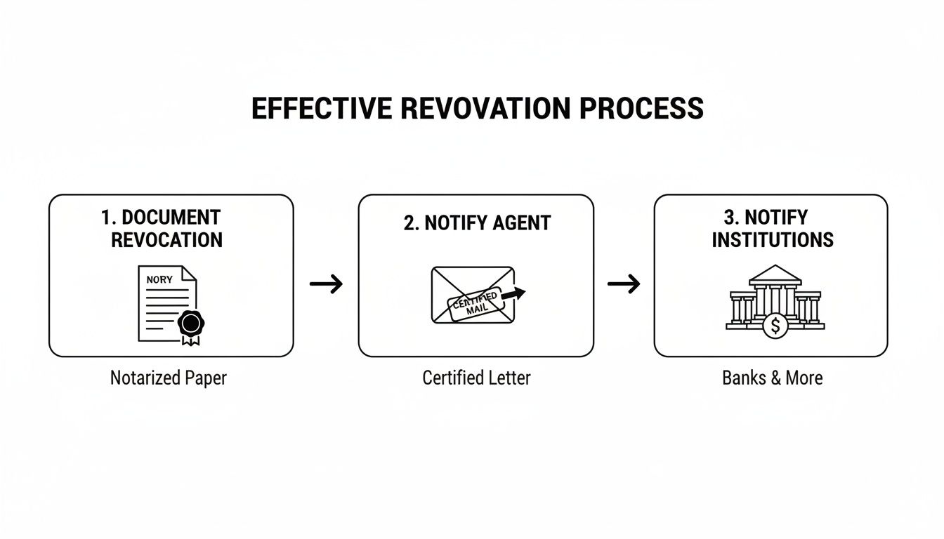 A flowchart illustrating the three steps of an effective revocation process: document notarization, agent notification, and institution notification.