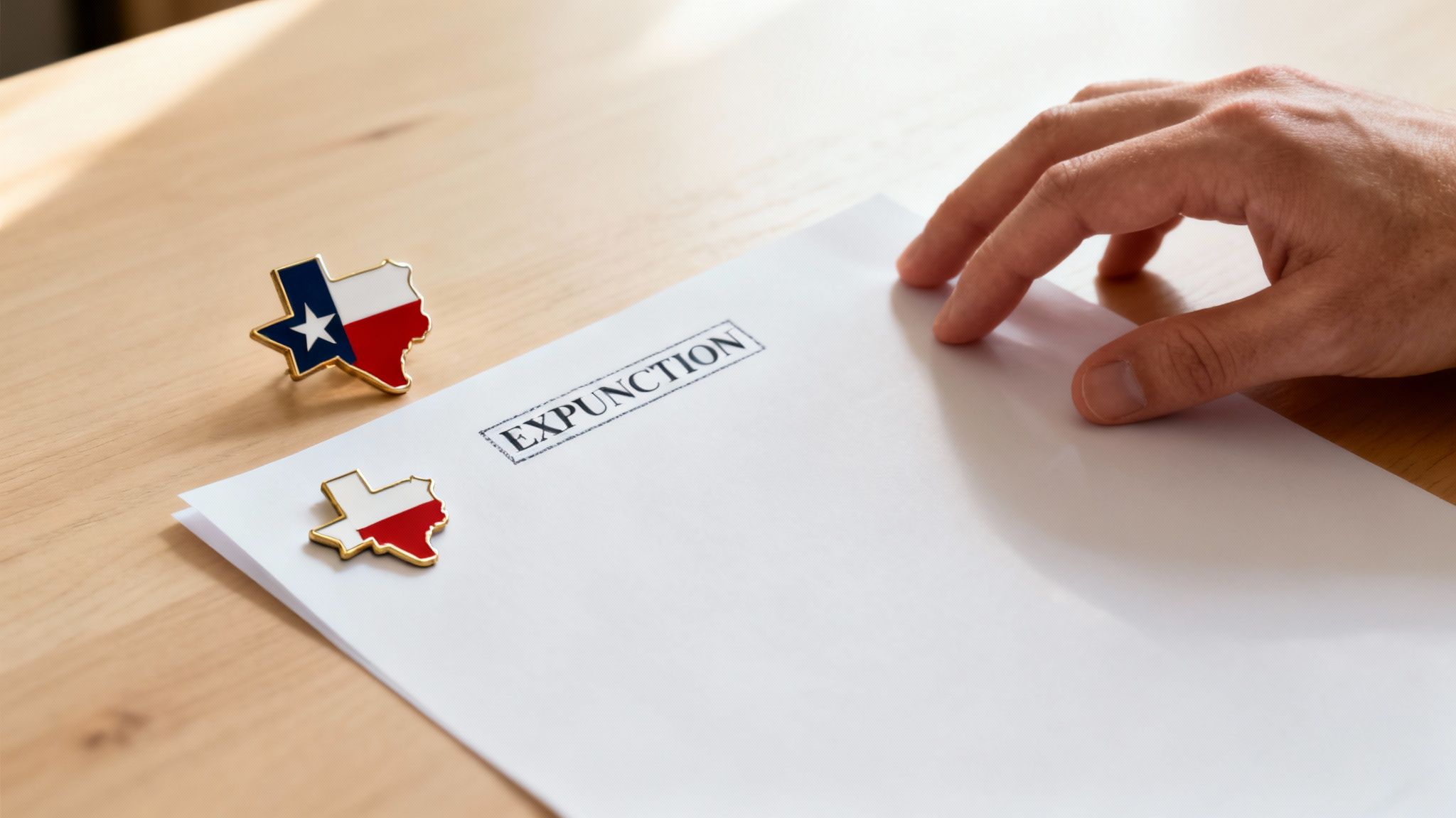 Hand reaching for a document labeled "EXPUNCTION" on a wooden table, accompanied by two Texas-shaped pins in red, white, and blue, symbolizing the legal process of record expungement in Texas.