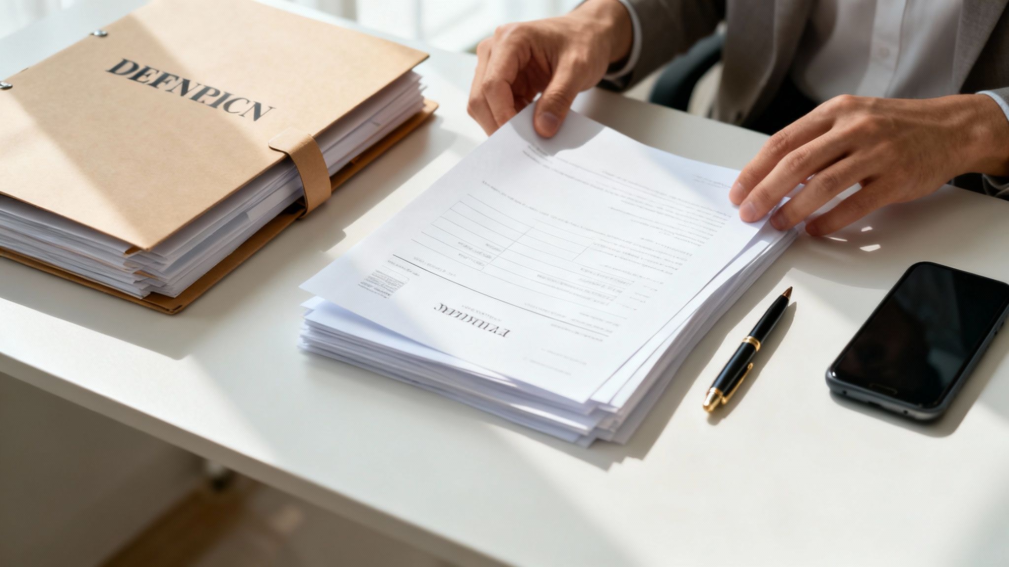 Persona revisando documentos en un escritorio con un archivador, papeles, bolígrafo y smartphone.