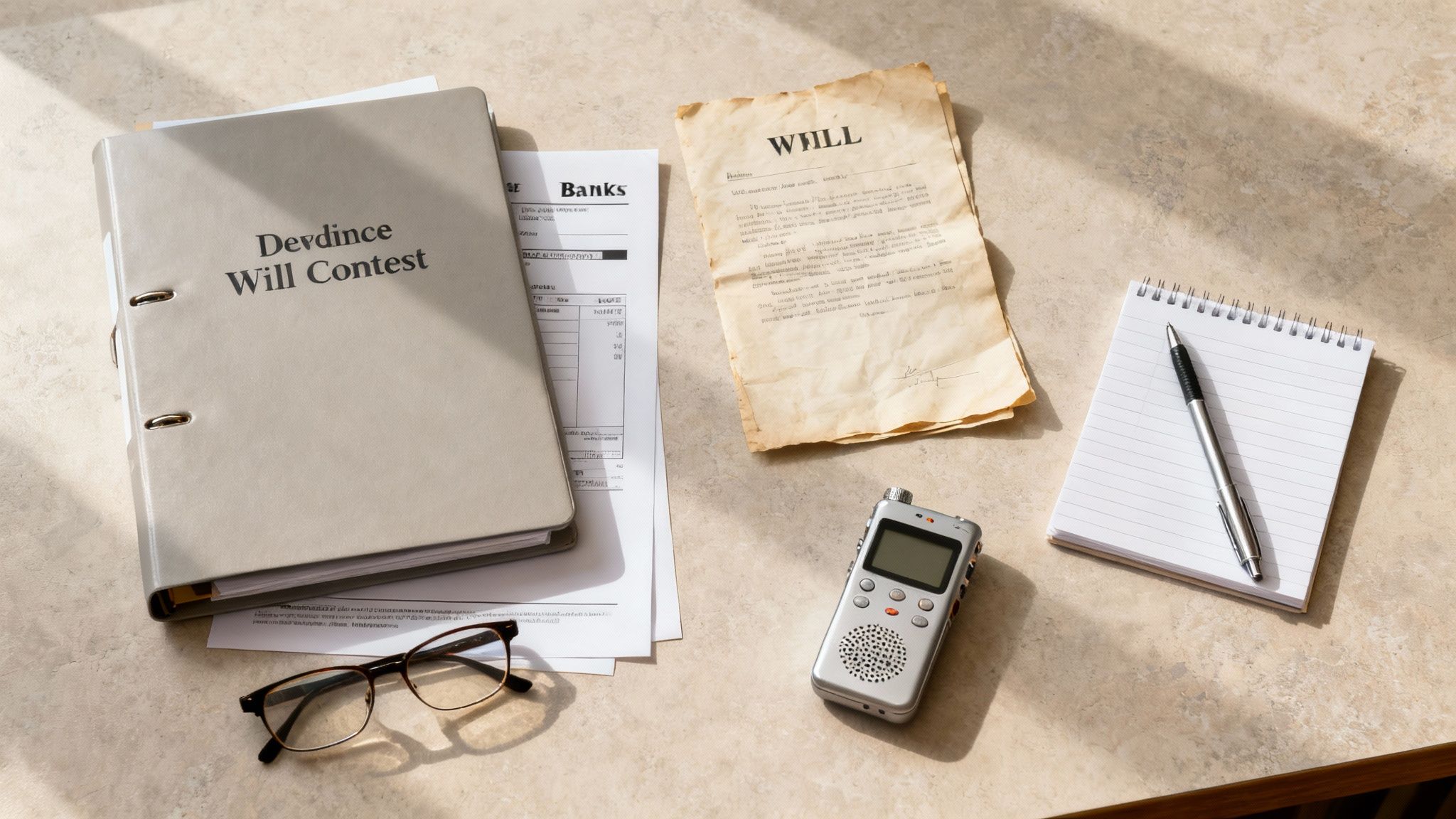 Binder labeled "Will Contest," legal documents, a handwritten will, glasses, audio recorder, and notepad on a desk, symbolizing evidence gathering for contesting a will in Texas.