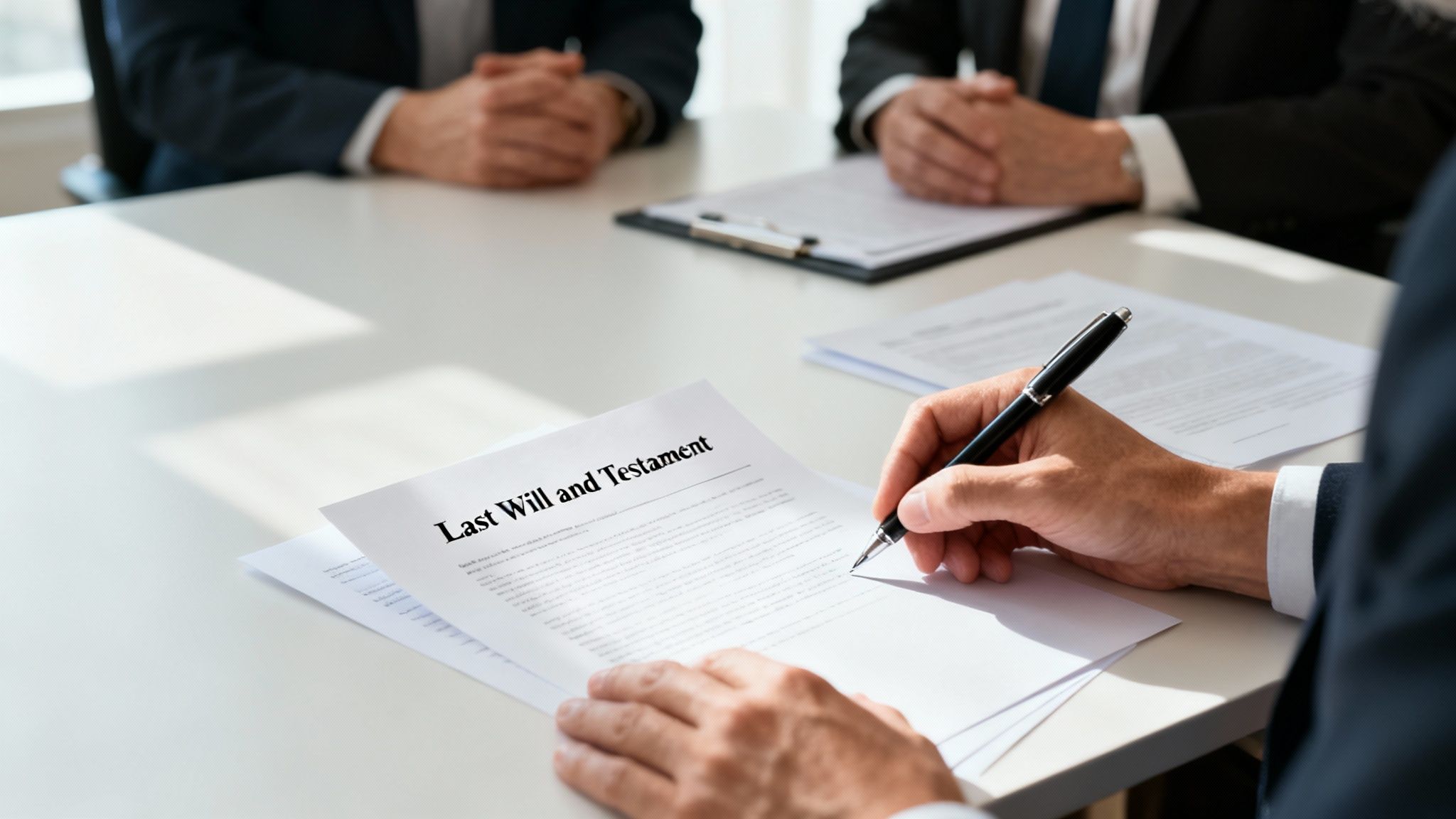 A person signs a 'Last Will and Testament' document at a table, with others present.