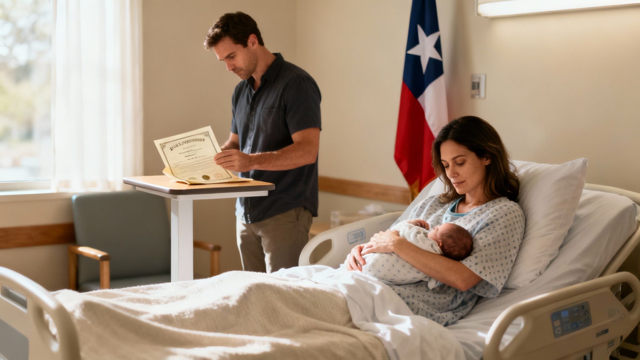 A mother holds her young child, illustrating the initial custody rights of an unmarried parent in Texas.