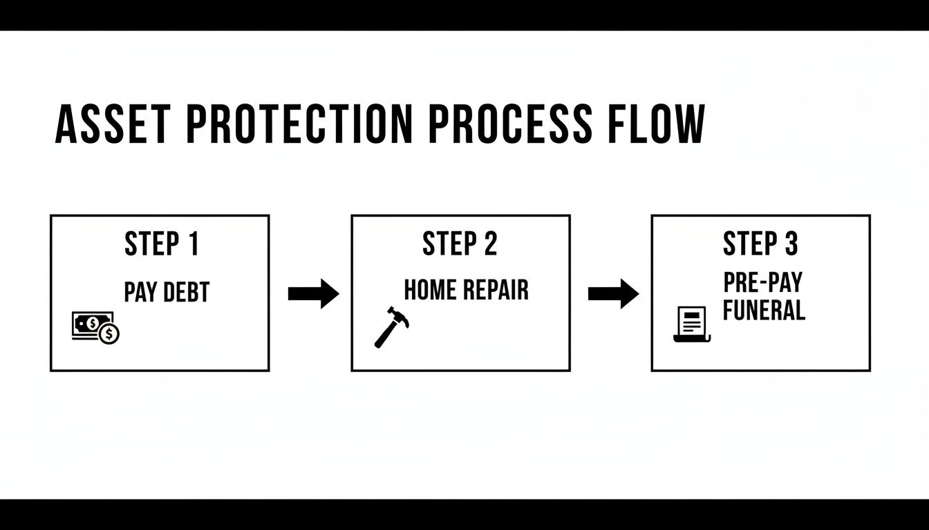 A flow chart illustrating an asset protection process with three steps: pay debt, home repair, and pre-pay funeral.