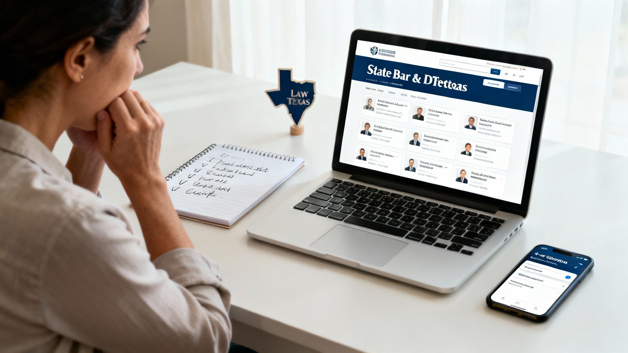 Woman researching Texas state bar and attorney profiles on laptop for criminal defense lawyer selection