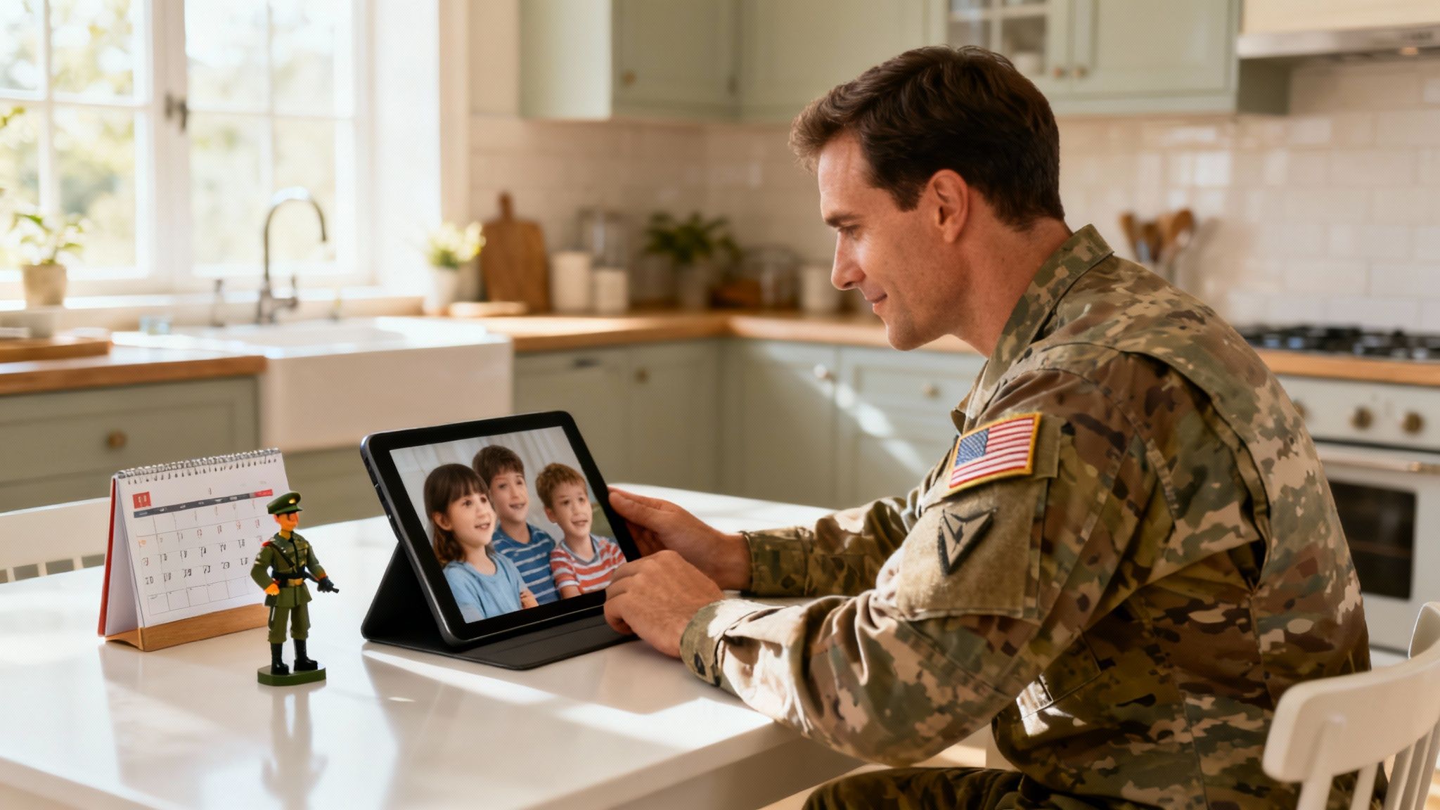 Two parents, one in military uniform, standing on either side of their smiling child, symbolizing co-parenting after a military divorce.