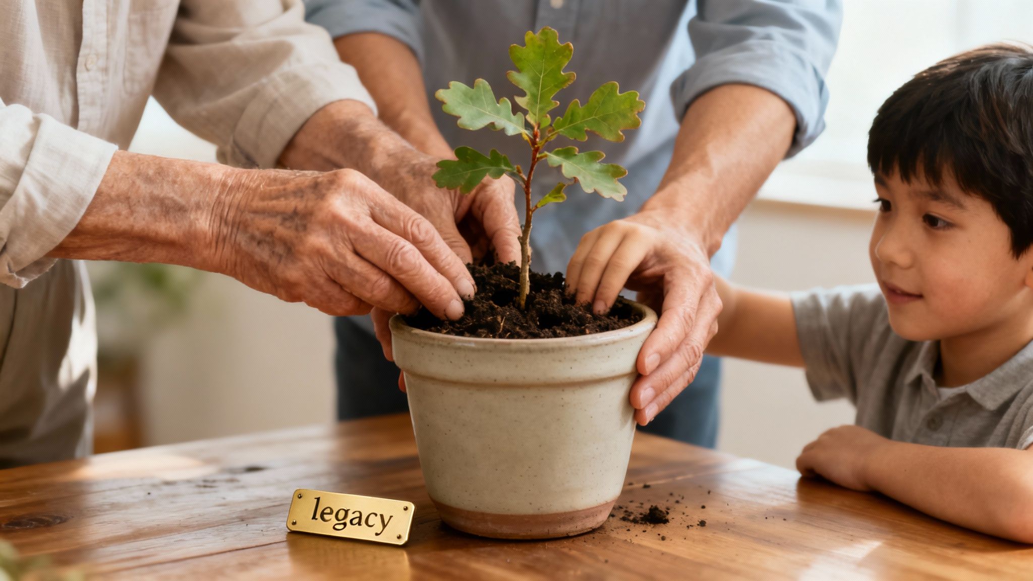 A family foundation meeting in a well-lit room, discussing charitable goals with documents spread out on the table.