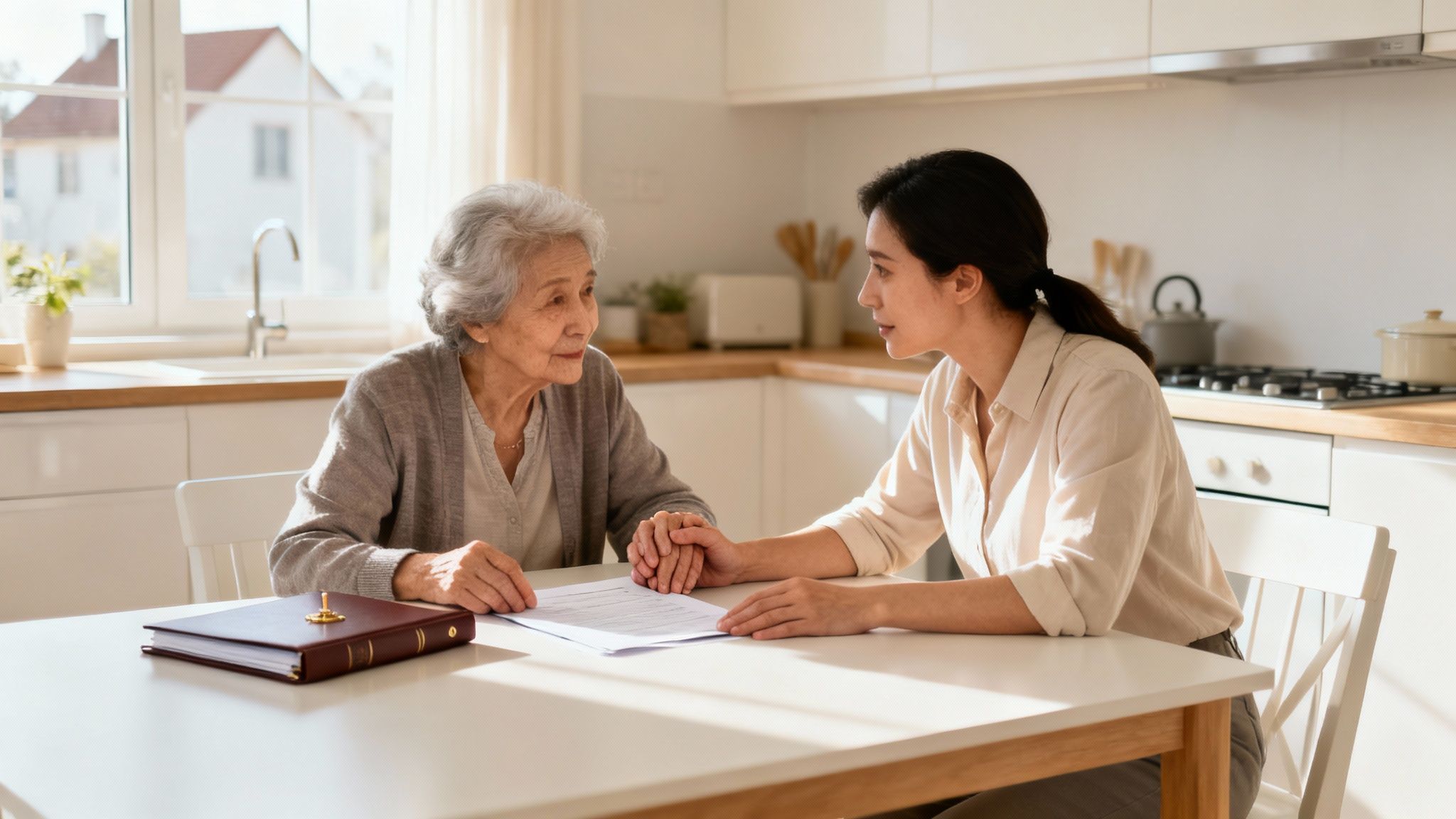 A caring younger woman comforts an elderly woman, discussing documents and holding hands in a bright kitchen.