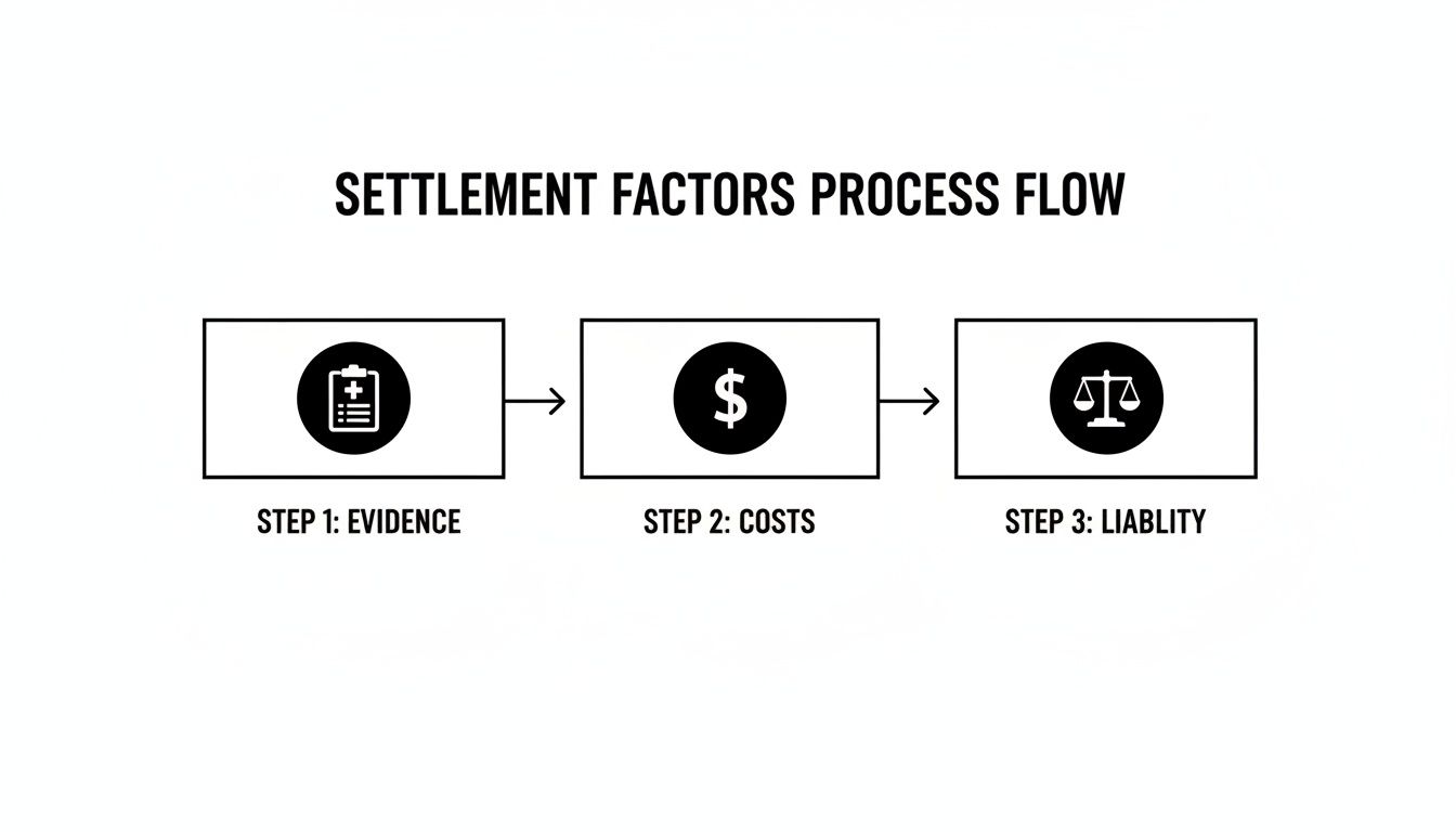 A flowchart outlines the settlement factors process, covering evidence, costs, and liability steps.