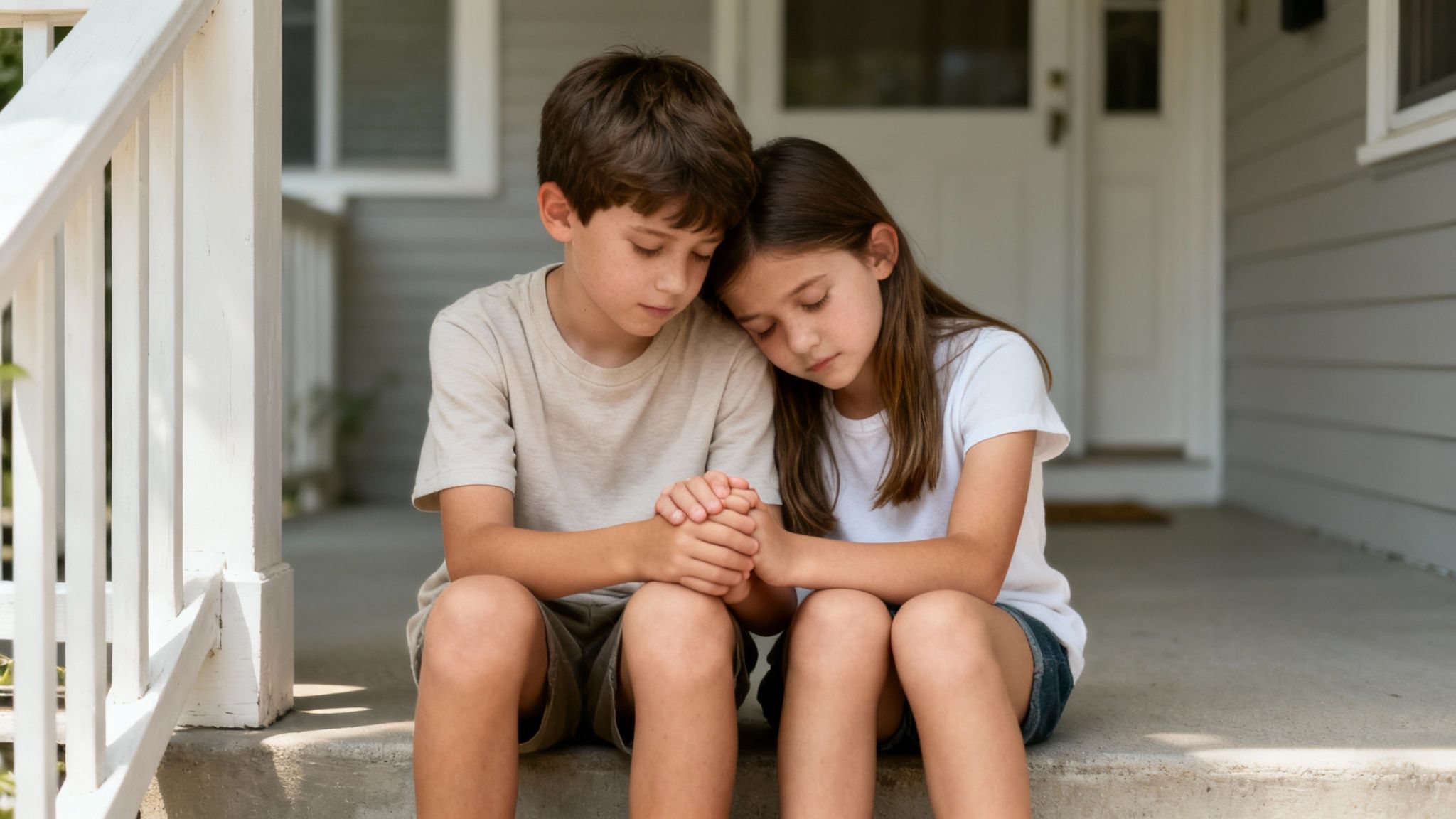 A boy and girl with closed eyes sit on a porch, hands clasped, in quiet reflection.