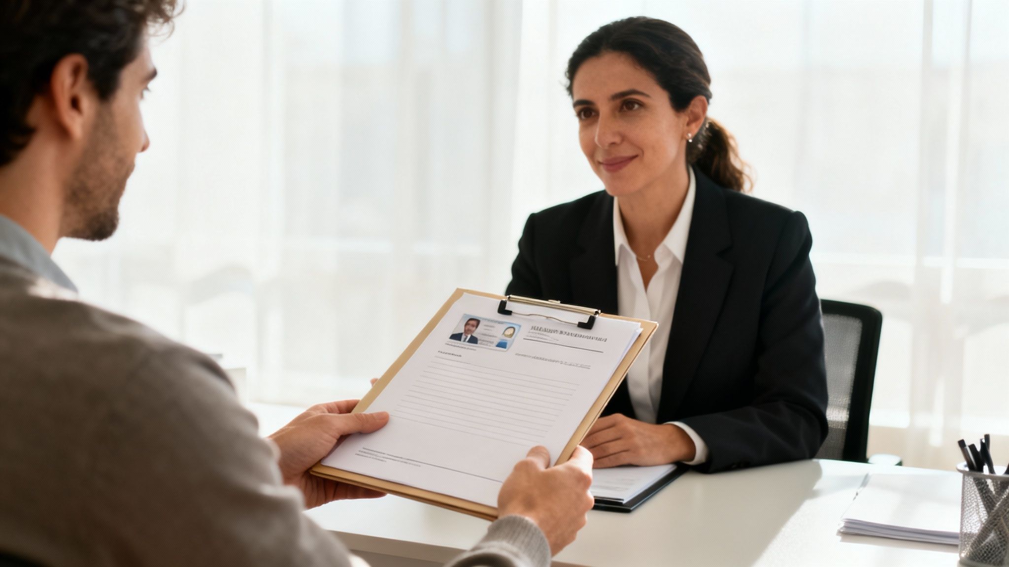 Un hombre entrega su currículum a una mujer sonriente en una entrevista de trabajo, sentados en un escritorio.
