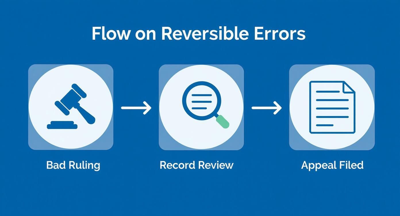 Infographic showing the process flow of a reversible error from a bad ruling to a record review and finally to a filed appeal.