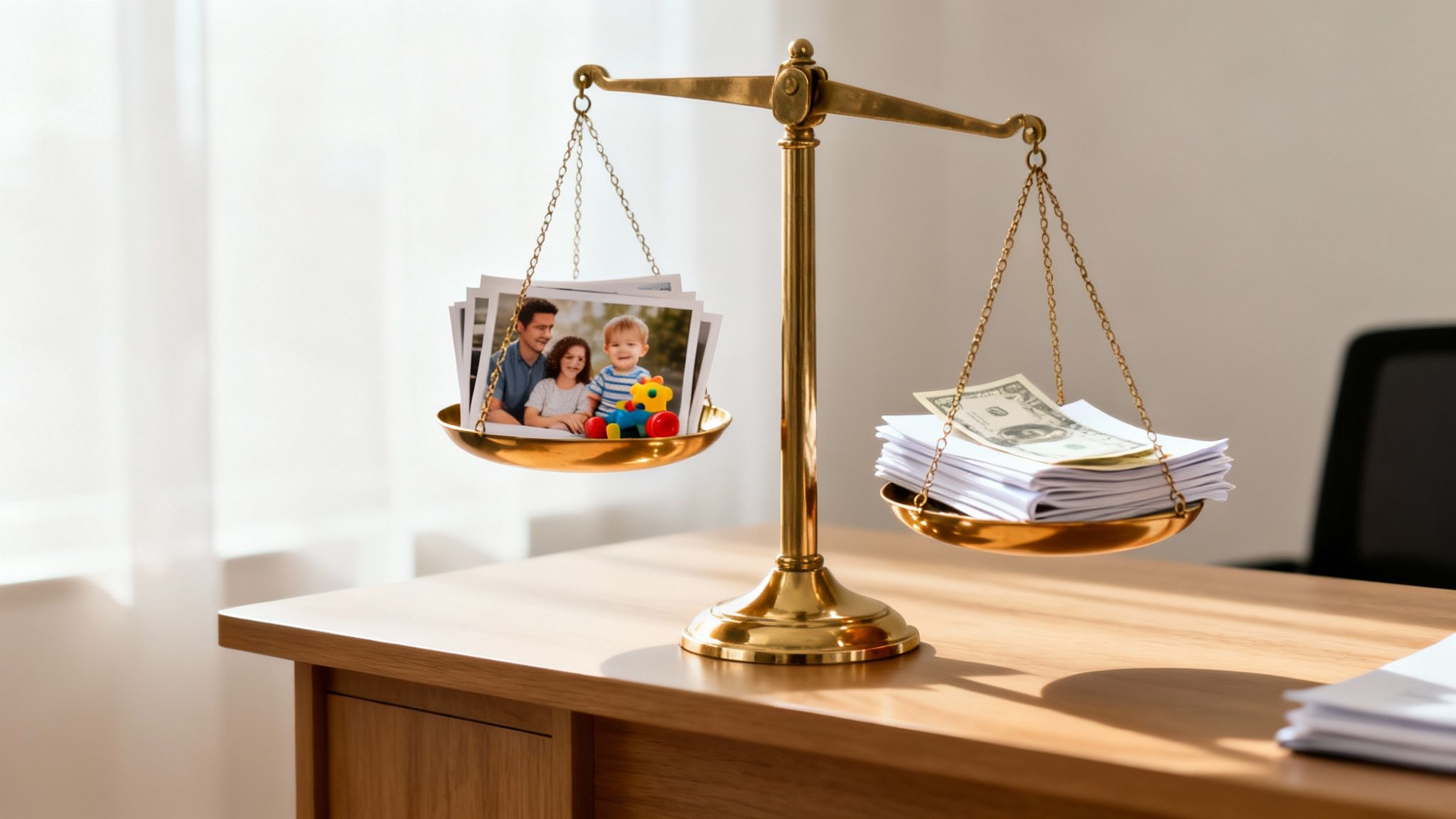 A gold balance scale shows family photos weighing more than money and papers on a desk.