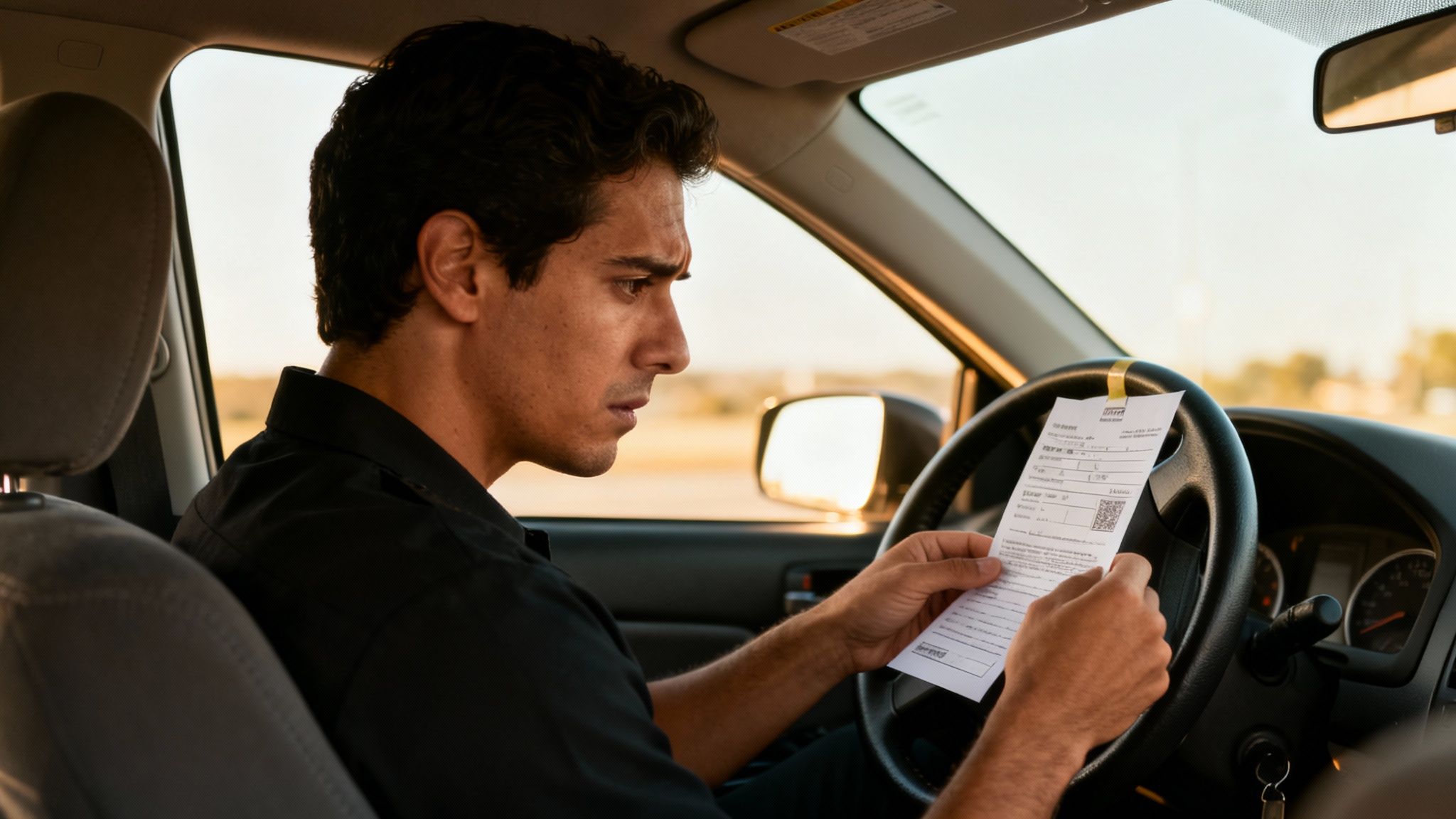 Hombre preocupado dentro de su coche examinando una multa de tráfico.