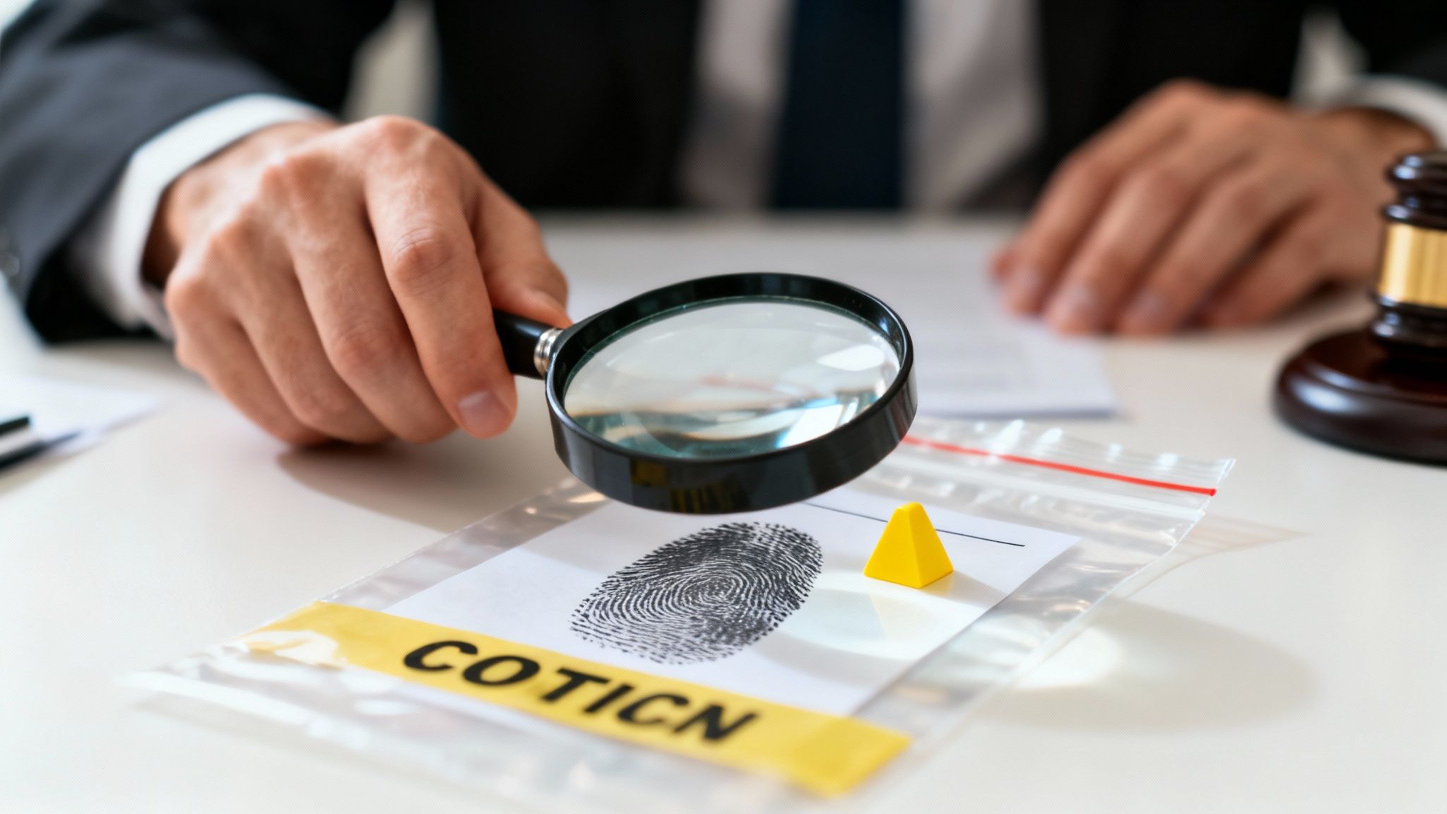 Hand examining fingerprint evidence under magnifying glass, with a yellow evidence marker, emphasizing legal analysis in criminal defense.