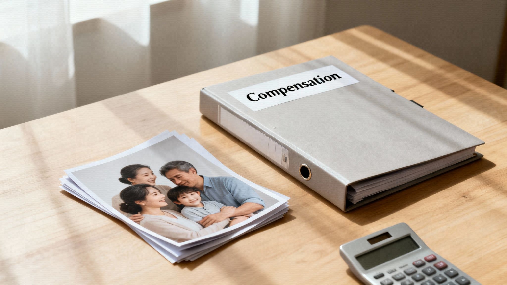 A stack of family photos next to a binder labeled 'Compensation' and a calculator on a sunlit wooden desk.