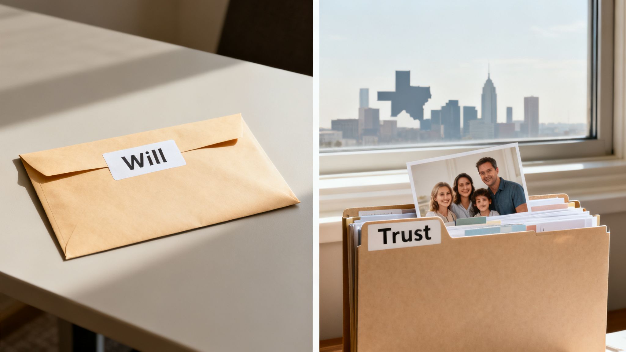 A will in an envelope contrasted with a family photo in a 'Trust' folder, showing estate planning documents.