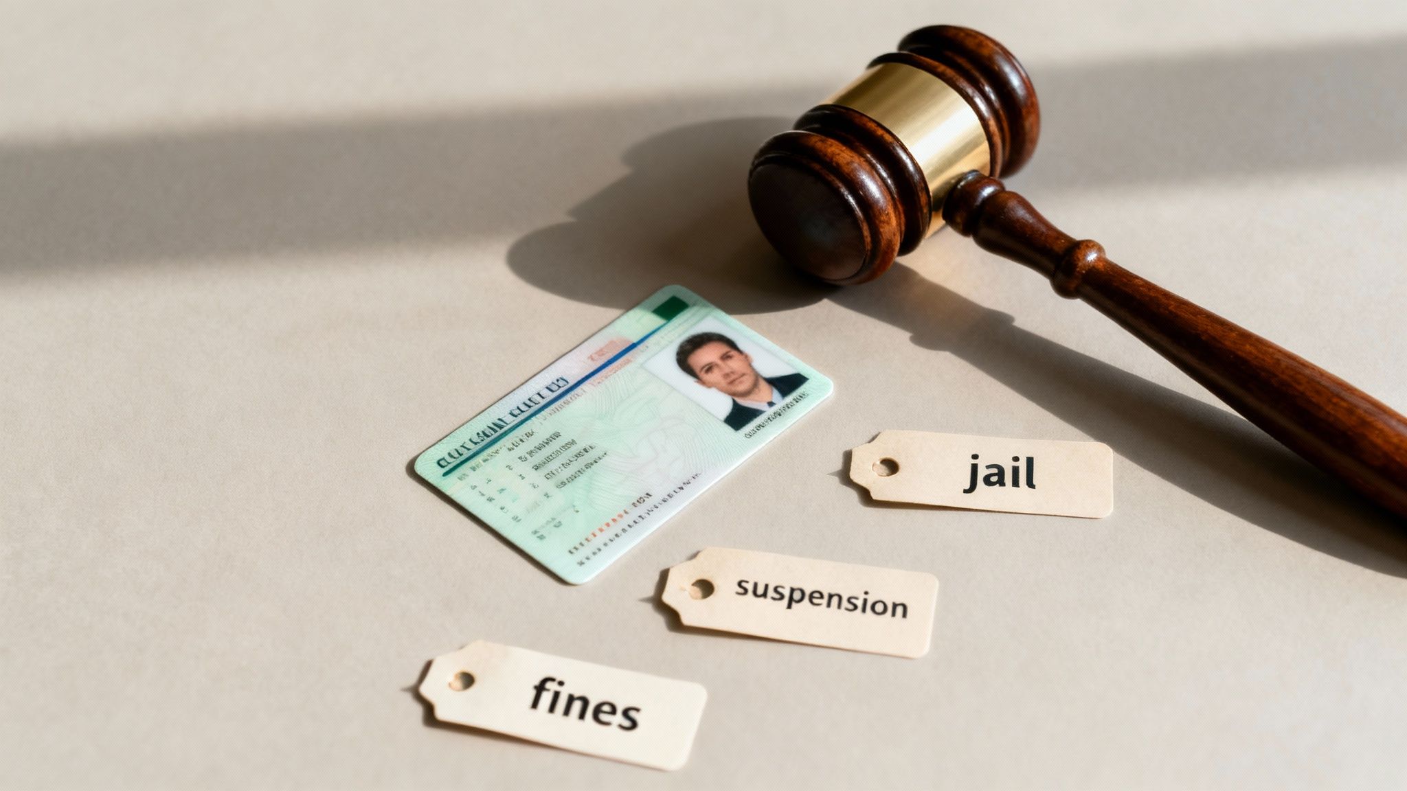ID card, gavel, and tags labeled "fines," "jail," and "suspension," illustrating consequences of DWI charges in Texas.
